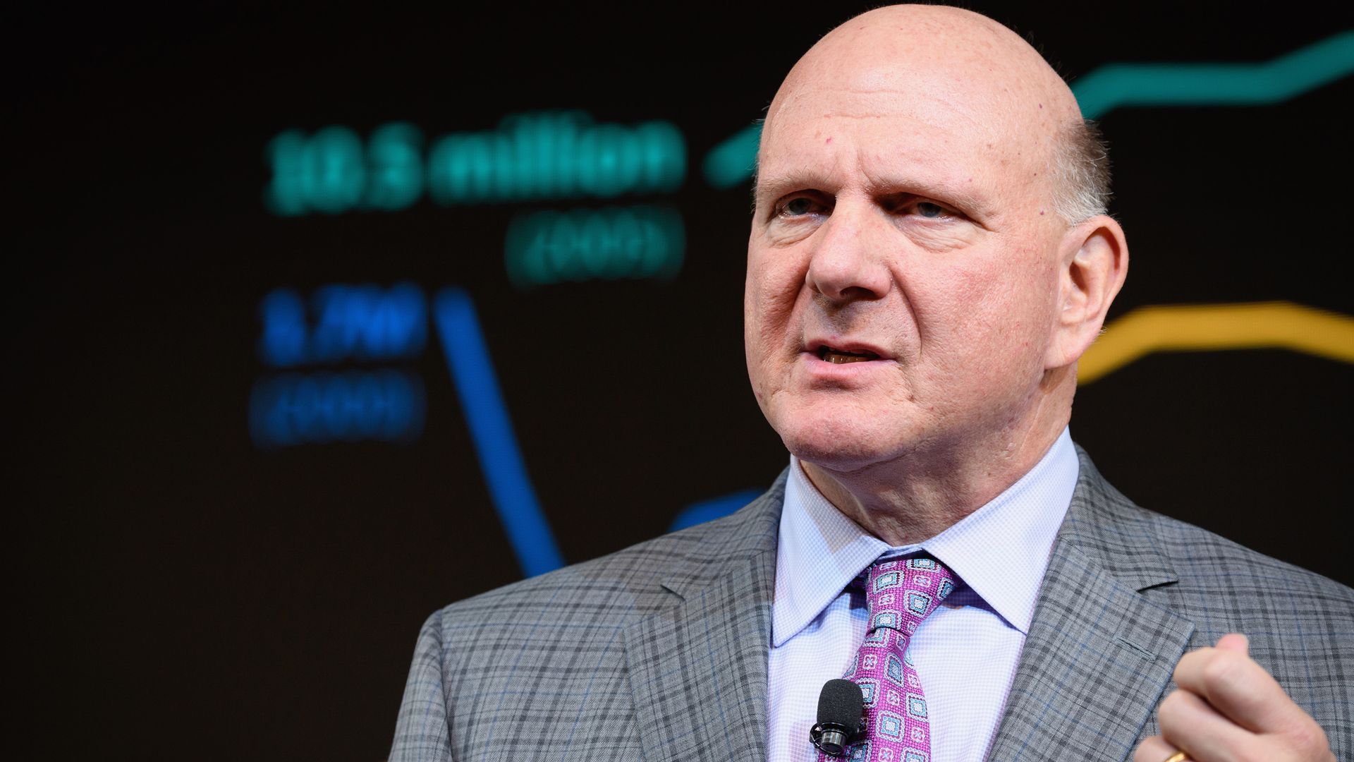 In this image, Steve Balmer speaks to an audience in a suit.