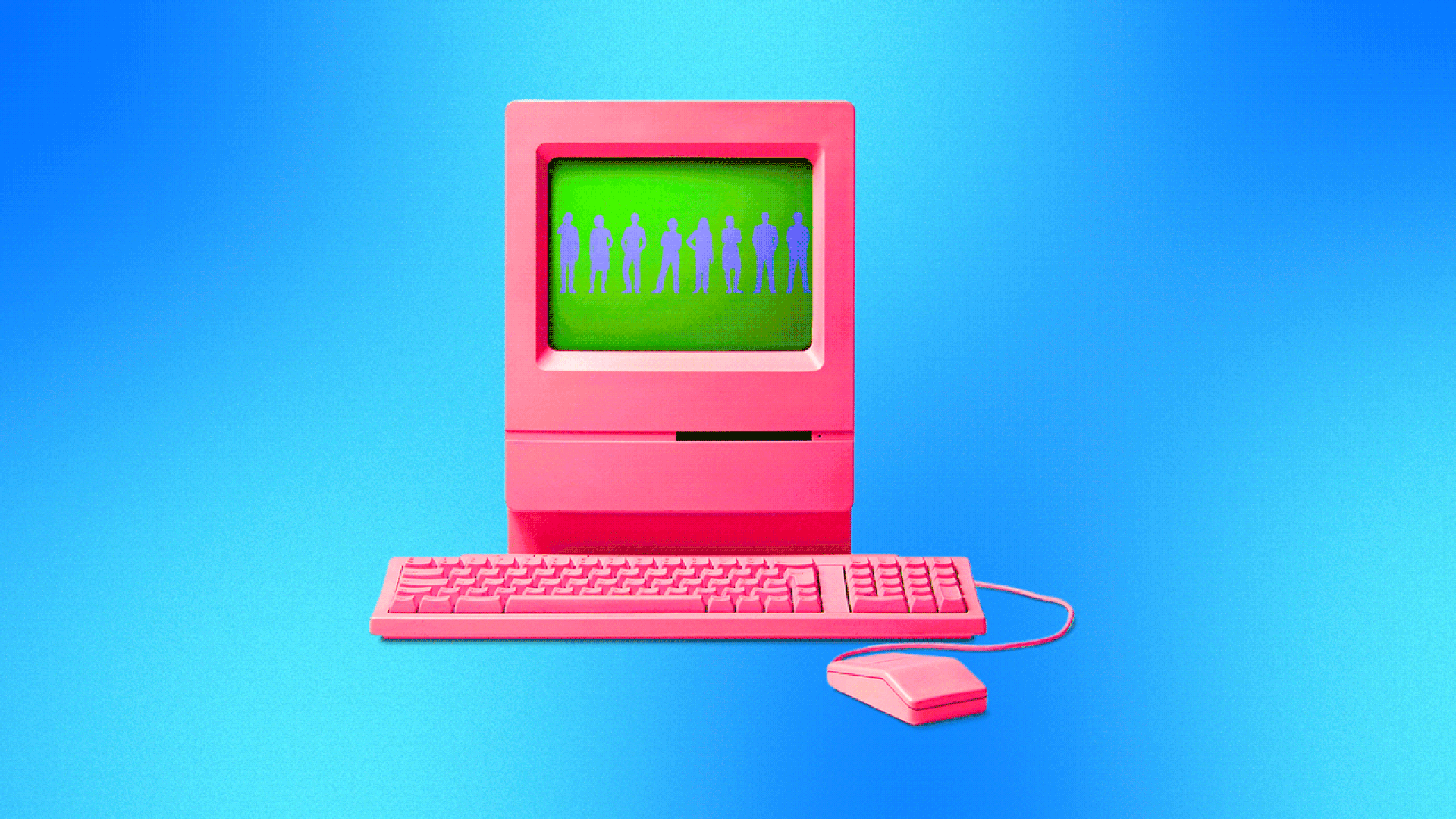 Silhouettes of men and women scroll quickly past on an old-school computer screen.