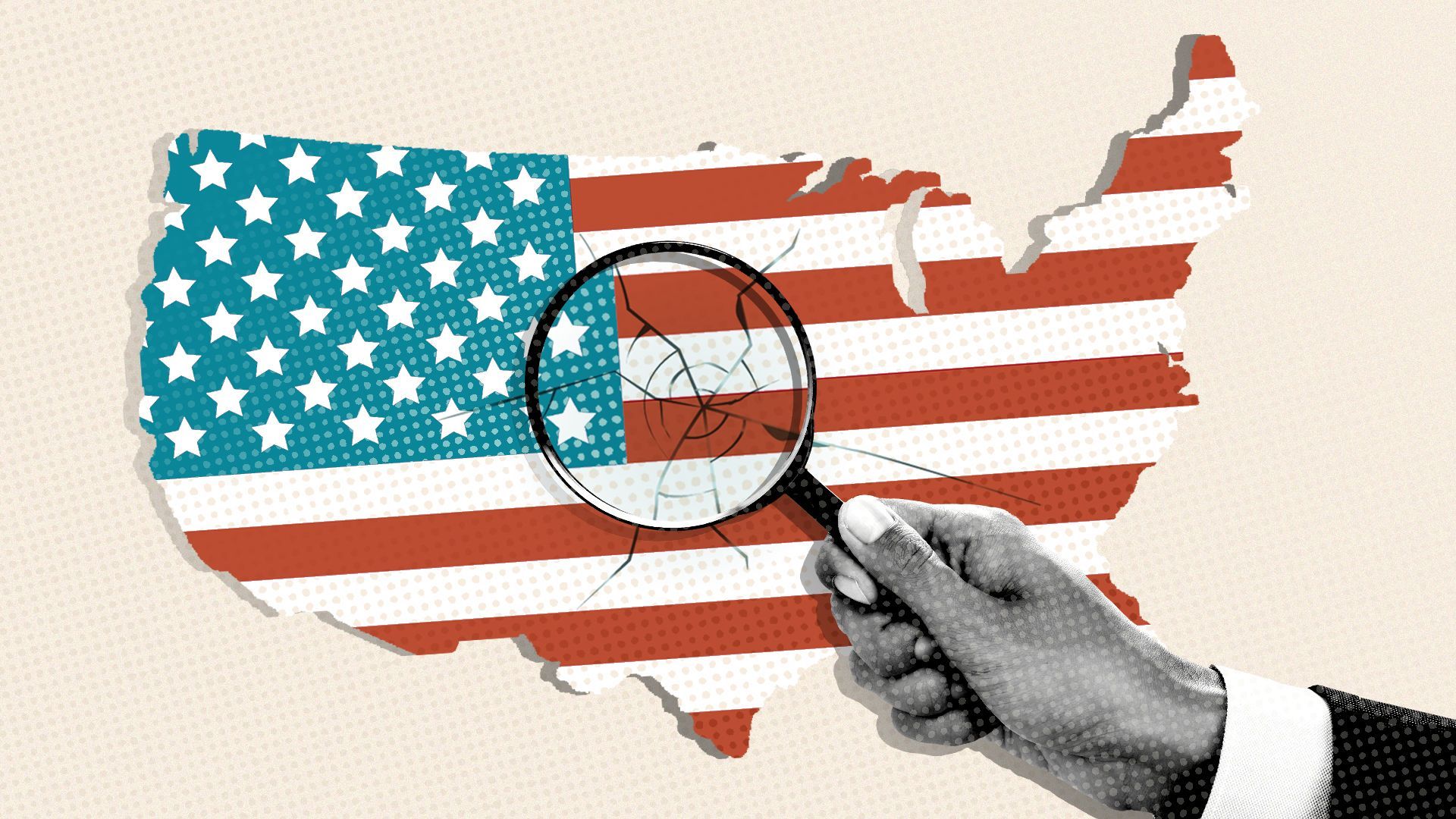 Illustration of US map with the flag on top and a large crack in the center. A hand is holding a magnifying glass up to the crack. 