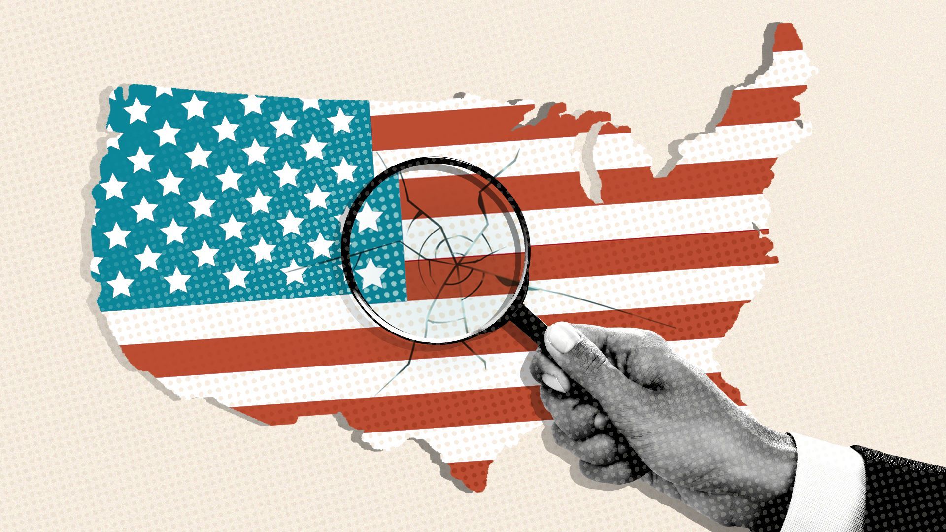 Illustration of US map with the flag on top and a large crack in the center. A hand is holding a magnifying glass up to the crack.