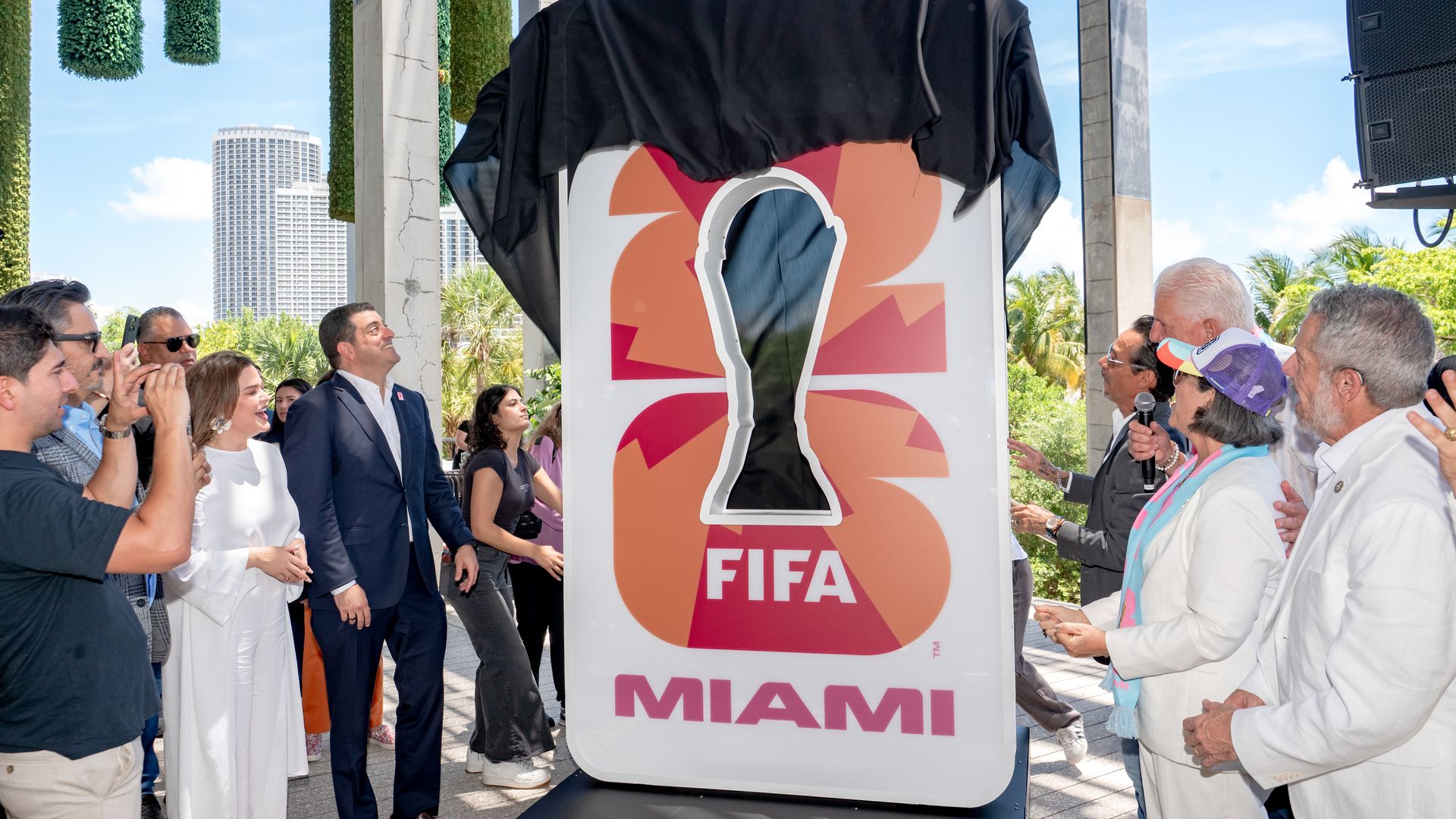 MIAMI, FLORIDA - JUNE 11: Beau Ferrari and Marc Anthony unveil the FIFA World Cup Miami Countdown Clock during the FIFA World Cup One Year Out Celebration at Perez Art Museum Miami on June 11, 2025 in Miami, Florida. (Photo by Ivan Apfel/Getty Images)
