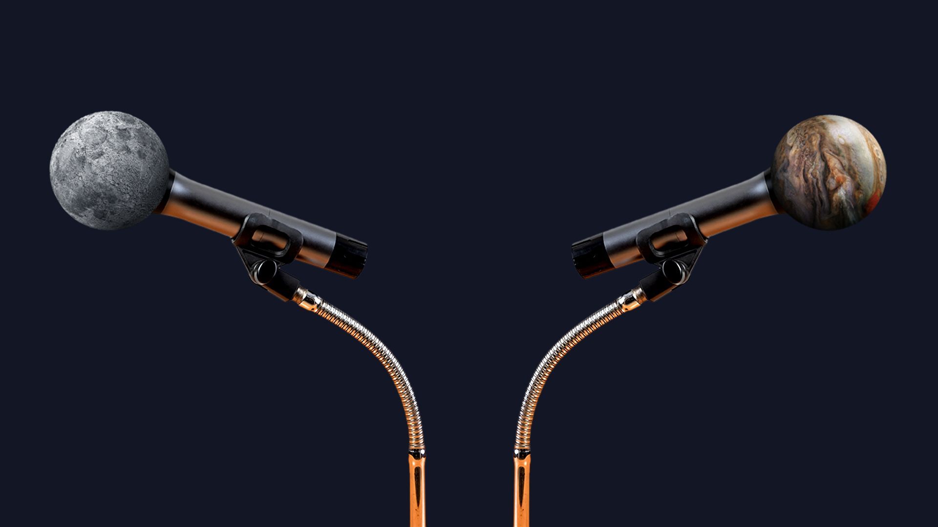 Illustration of two microphones with moon and planet on the top