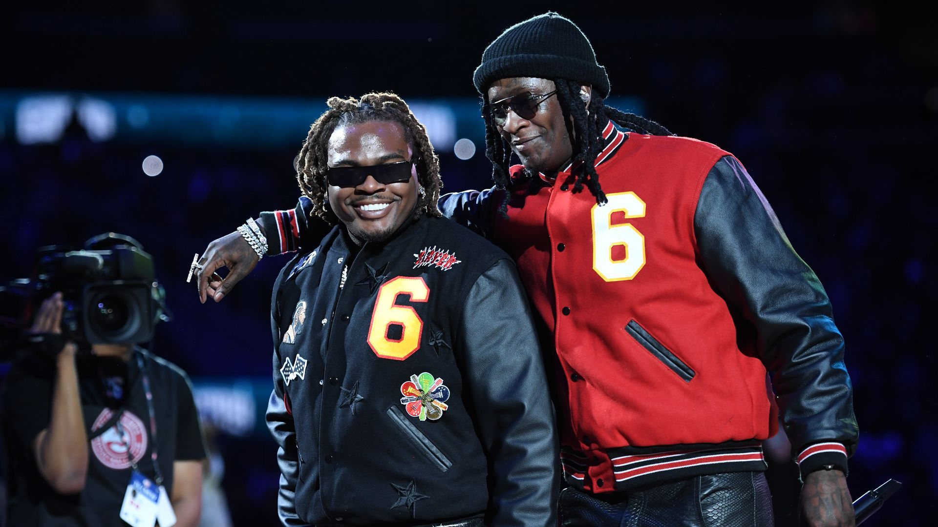 Gunna (left) and Young Thug perform at an Atlanta Hawks  game in November 2021 at State Farm Arena. They were arrested last May. Photo: Adam Hagy/NBAE via Getty Images
