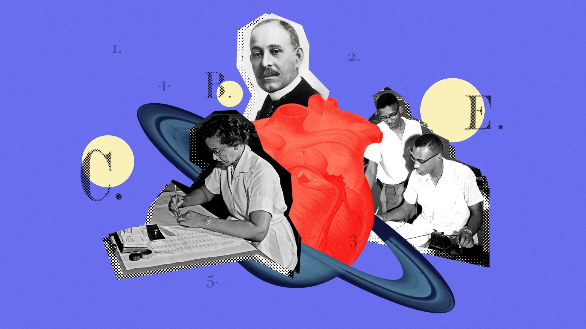 Photo illustration of a medical illustration of a heart and Saturn surrounded by Katherine Johnson, Daniel Hale Williams, and two students studying physics