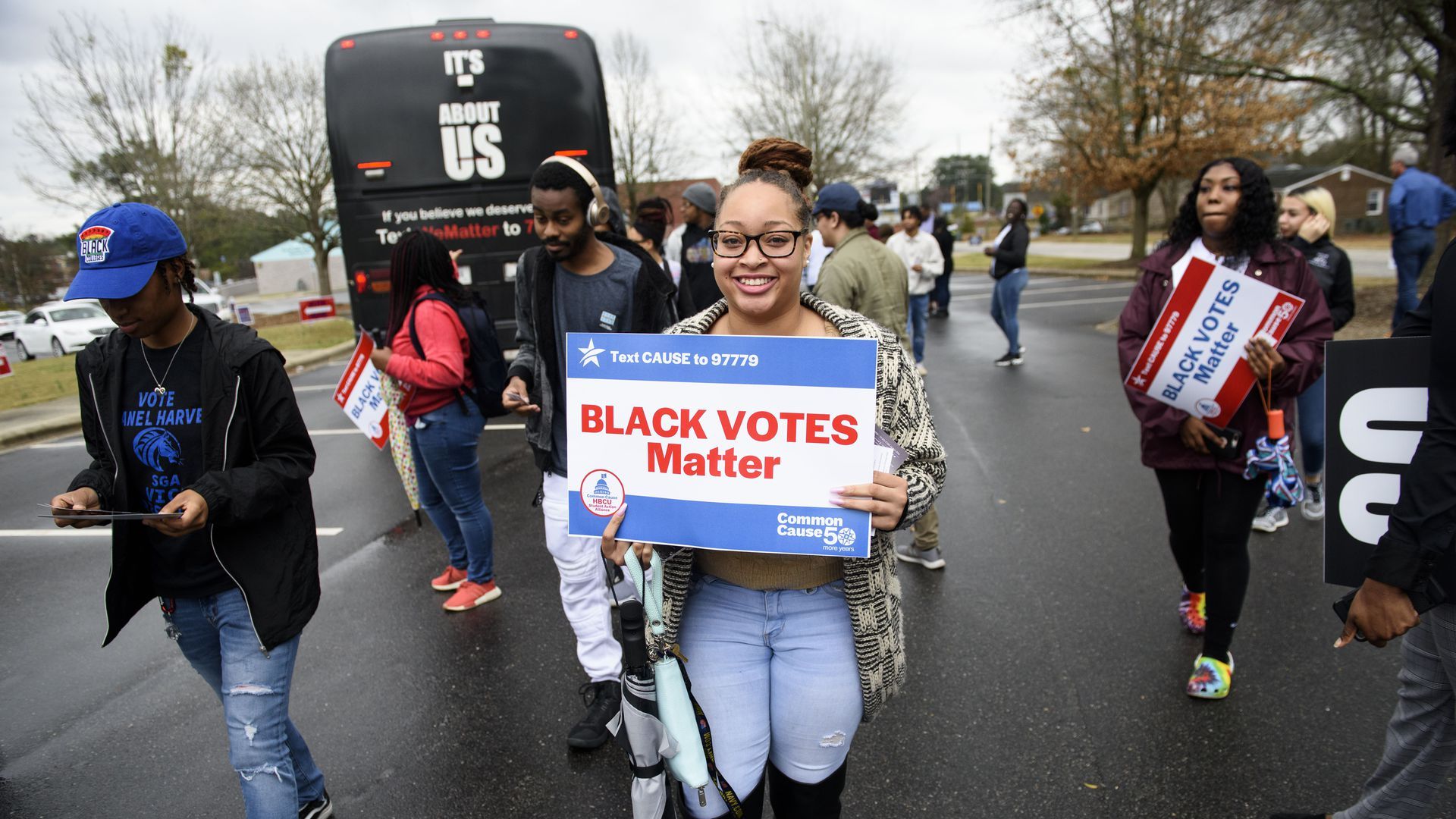 Students get off a Black Votes Matter bus in Fayetteville, N.C., in March.