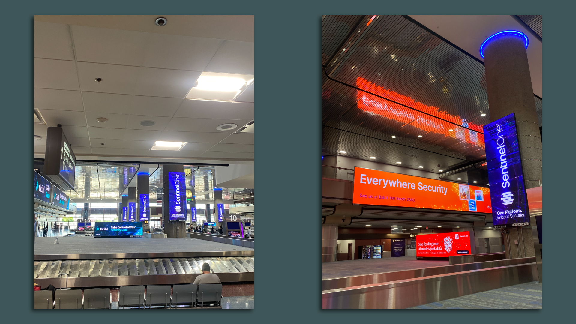 Photos of cyber vendor advertisements in the Vegas airport baggage claim