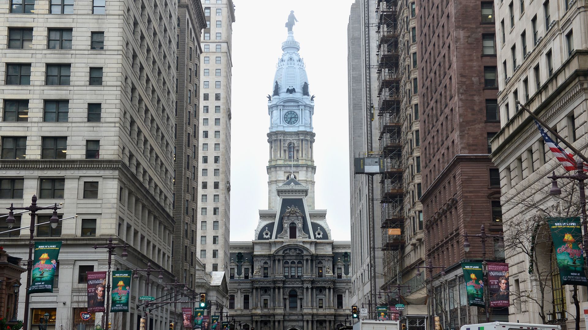 A view of Philadelphia City Hall taken from S Broad Street.
