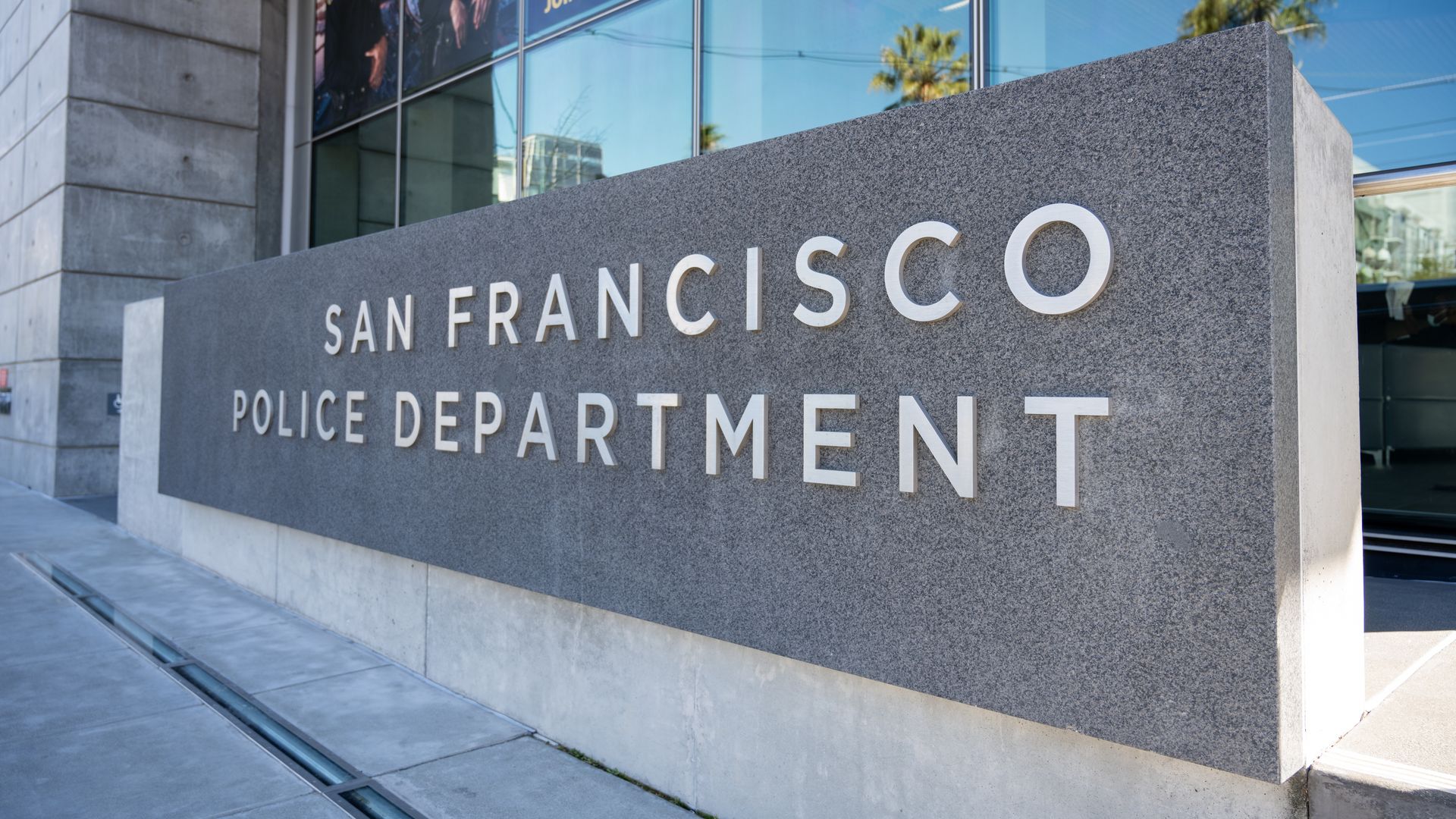 Exterior of San Francisco Police Department headquarters with modern signage and recruitment posters in the Mission Bay neighborhood, San Francisco, California, March 18, 2025. (Photo by Smith Collection/Gado/Getty Images)