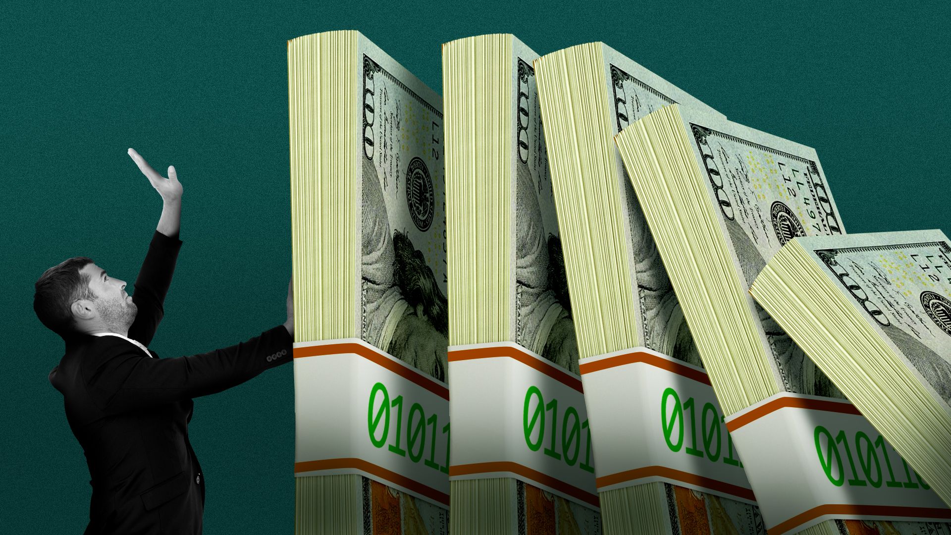 Illustration of stacks of hundred dollar bills with binary numbered bands falling over like dominos onto a businessman