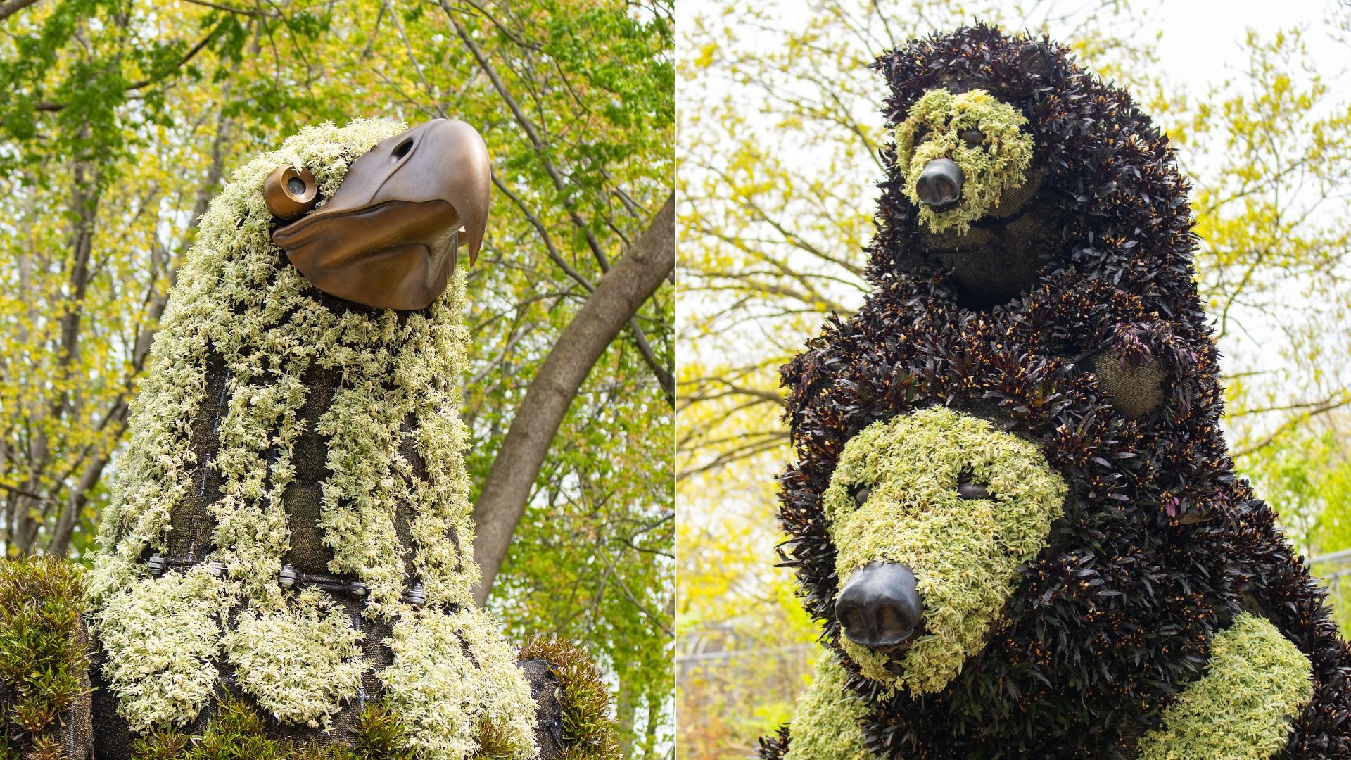 Two life-sized plant sculptures in a park: left figure with a brown beak and pale-yellow flowers; right figure in dark foliage with a floral face wreath, both among green trees.