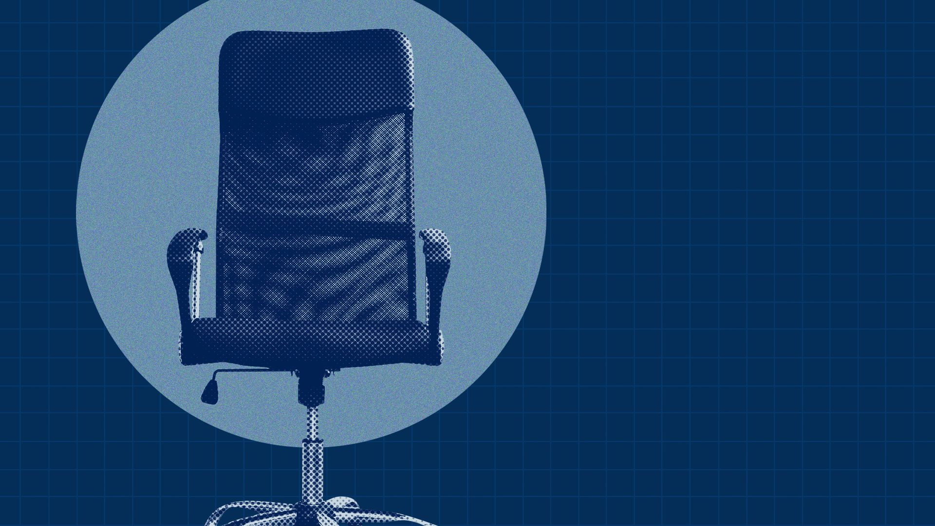 an illustration of a halftone office chair in front of a blue background with a graph paper overlay