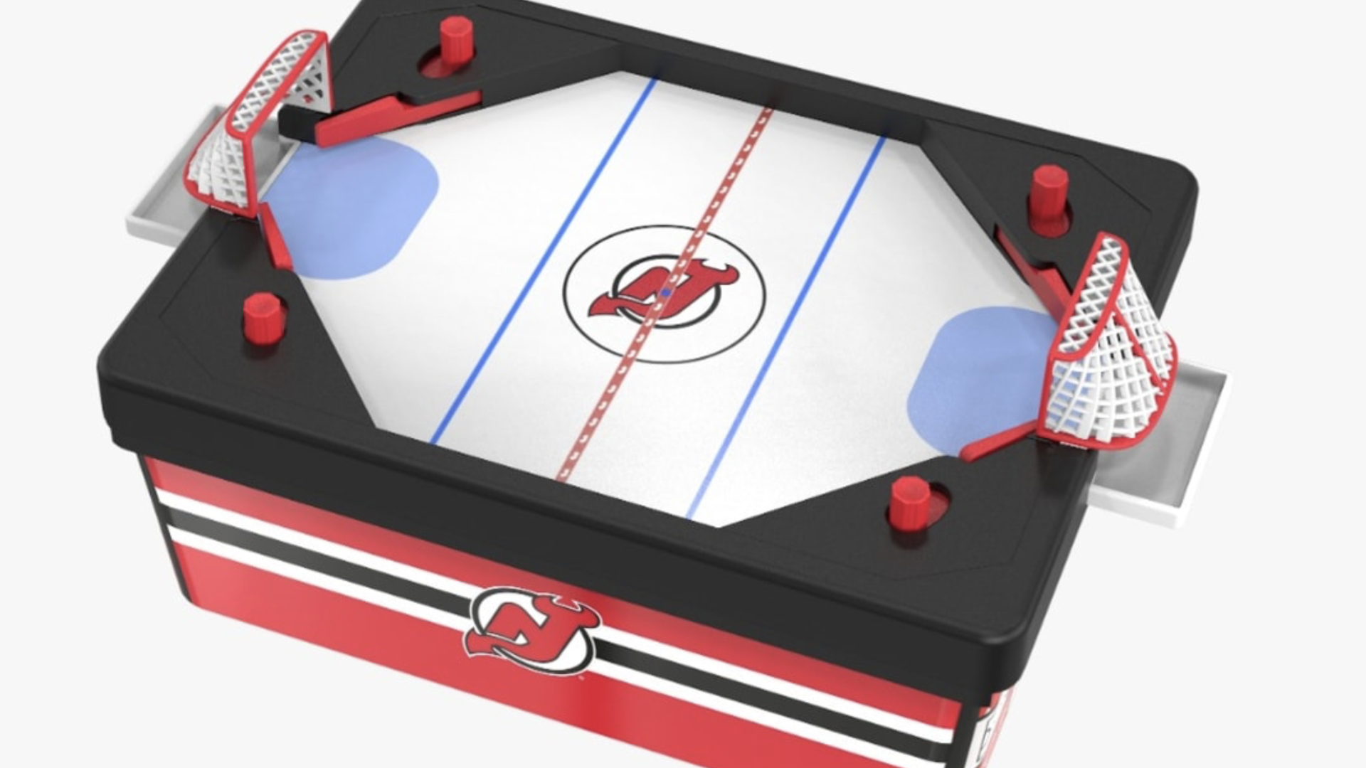 A popcorn bucket with a pinball-style playable hockey game on its top.