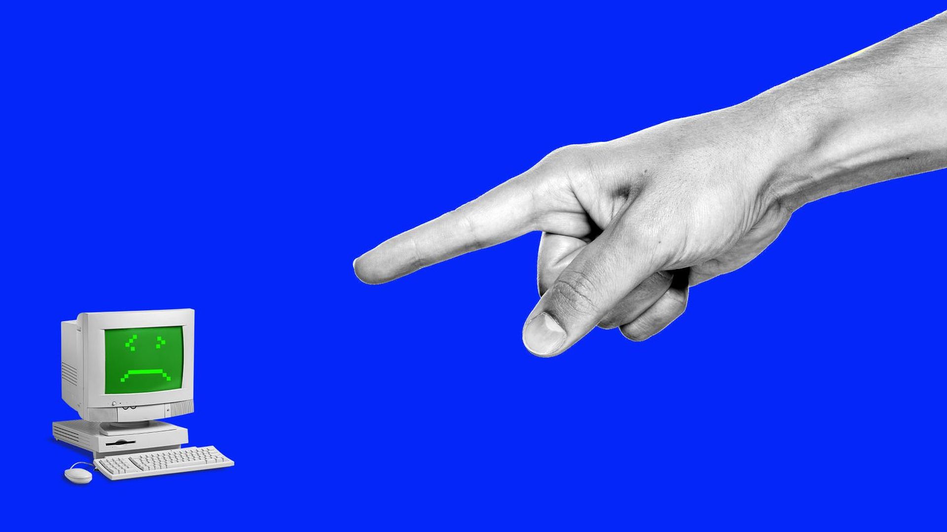 Illustration of a computer with a frowning face and a big hand pointing an index finger its way