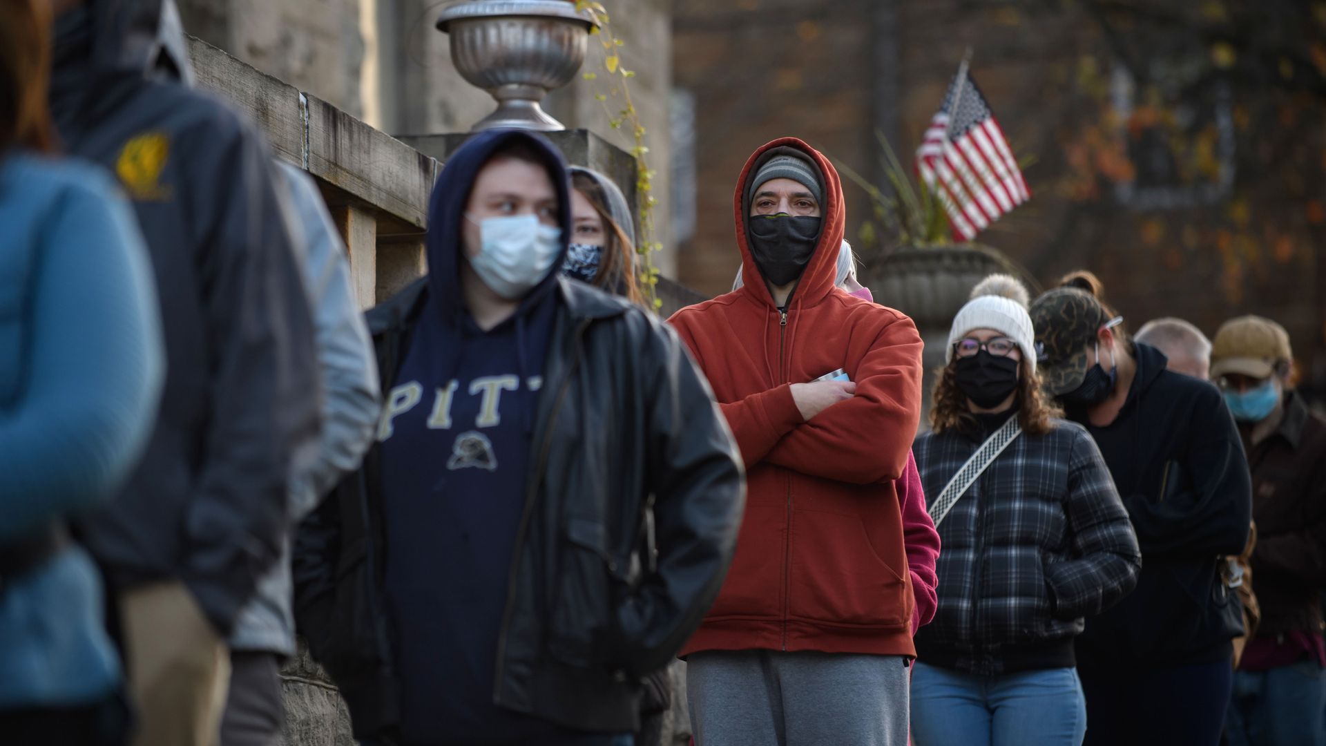 Voters wain in line at the Oakmont United Methodist Church on November 3, 2020 in Oakmont, Pennsylvania