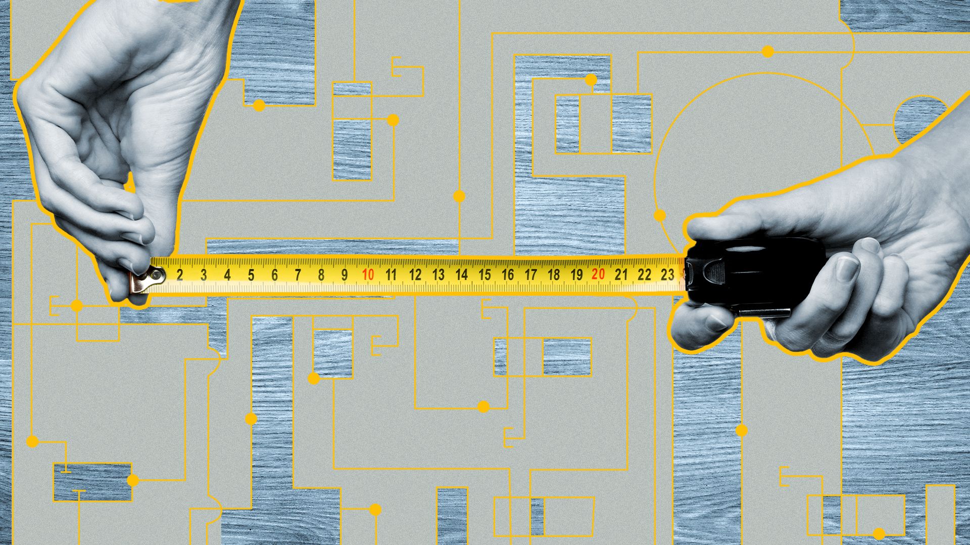 Illustrated collage of hands holding out a measuring tape against a background made up of abstract schematic lines and circles that reveal a wood grain texture.
