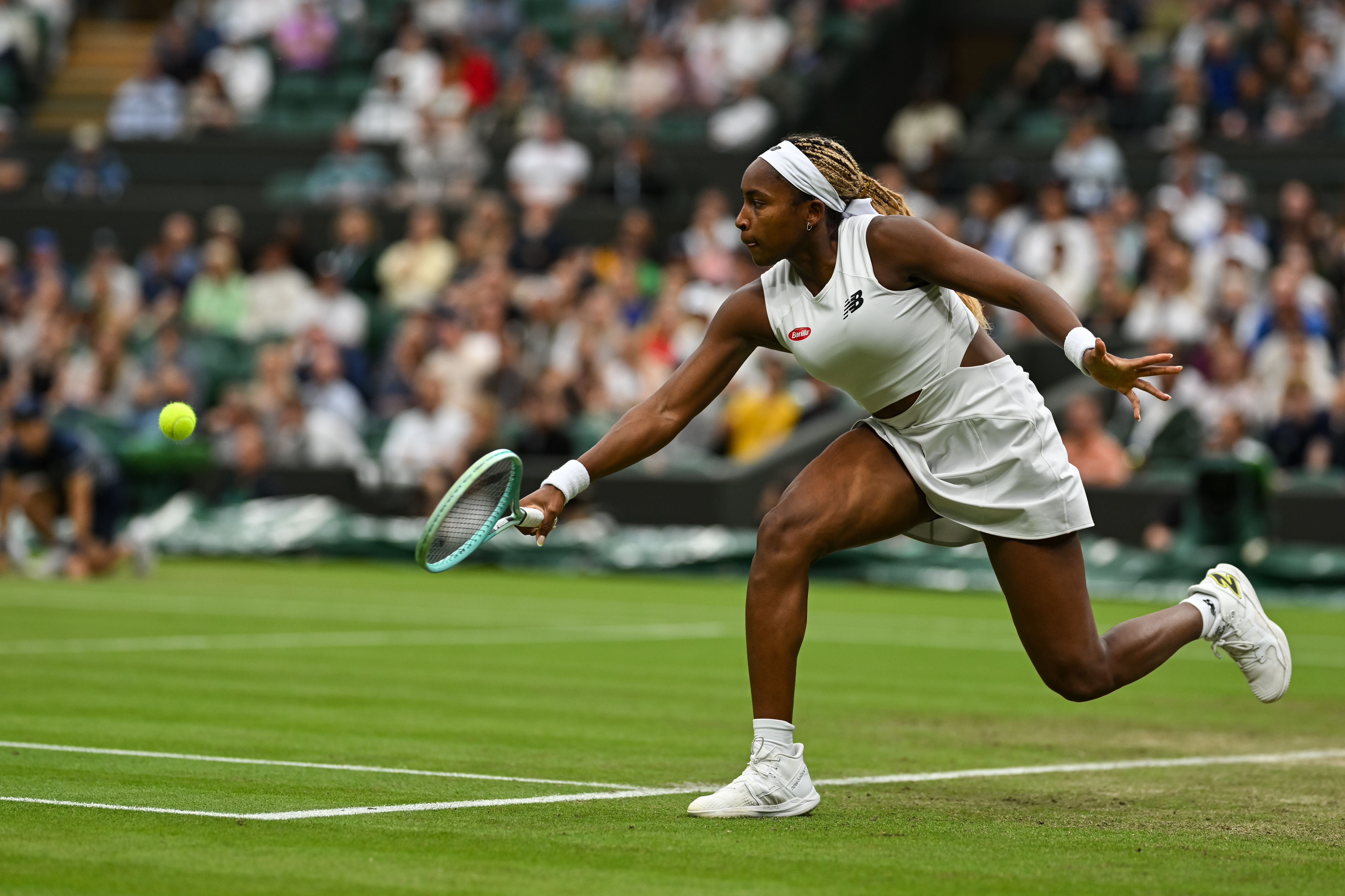 Coco Gauff of the United States in action against Sonay Kartal of Great Britain in the Ladies's third round match during day five of The Championships Wimbledon 2024 at All England Lawn Tennis and Croquet Club on July 05, 2024 in London, England. (Photo by Daniel Kopatsch/Getty Images)
