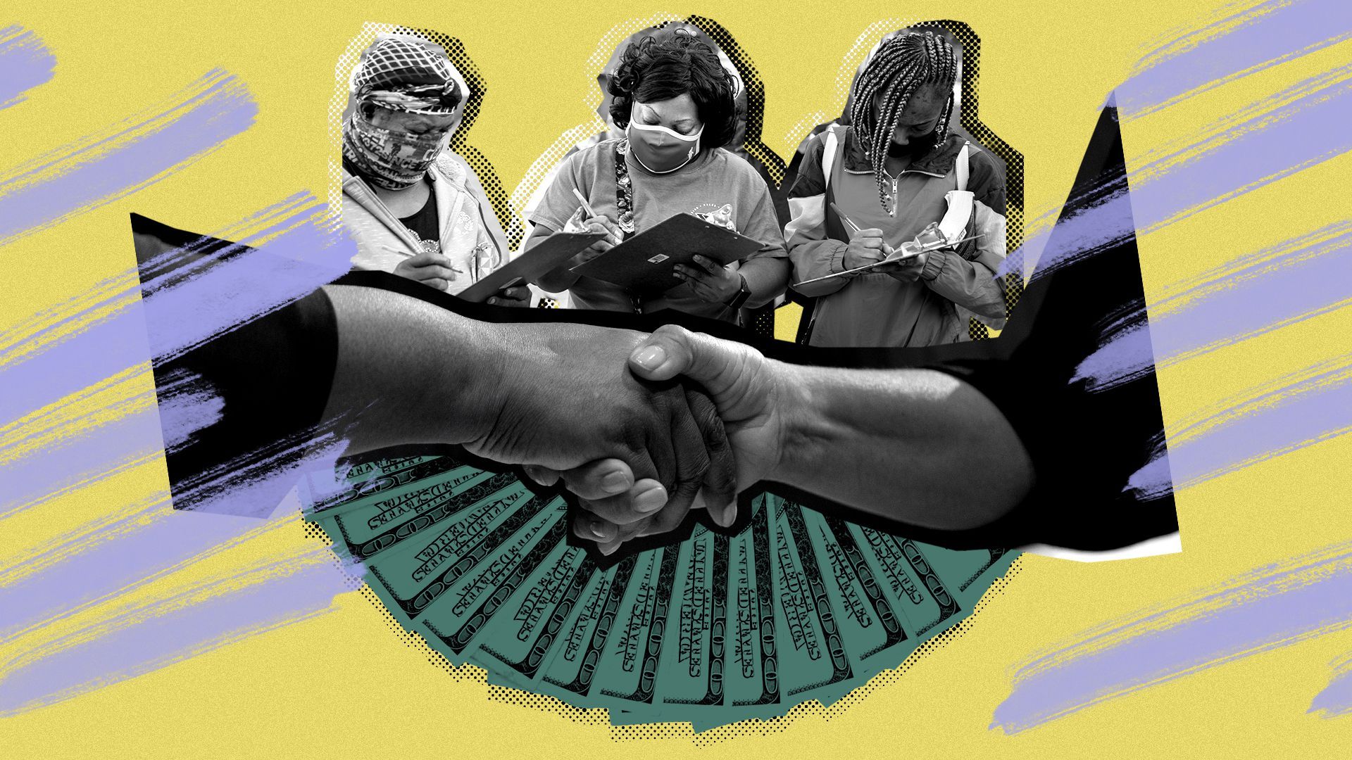 Photo illustration of voters, a handshake and money.