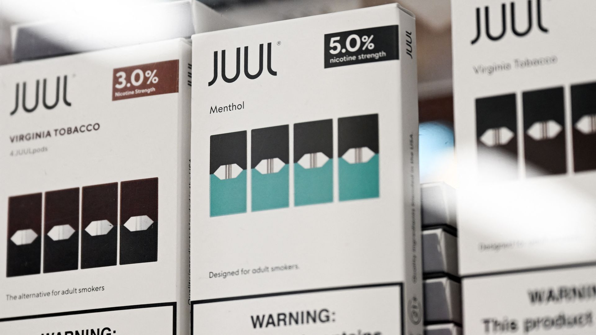 JUUL Labs Inc. Virginia tobacco and menthol flavored vaping e-cigarette products are displayed in a convenience store on June 23, 2022 in El Segundo, California.