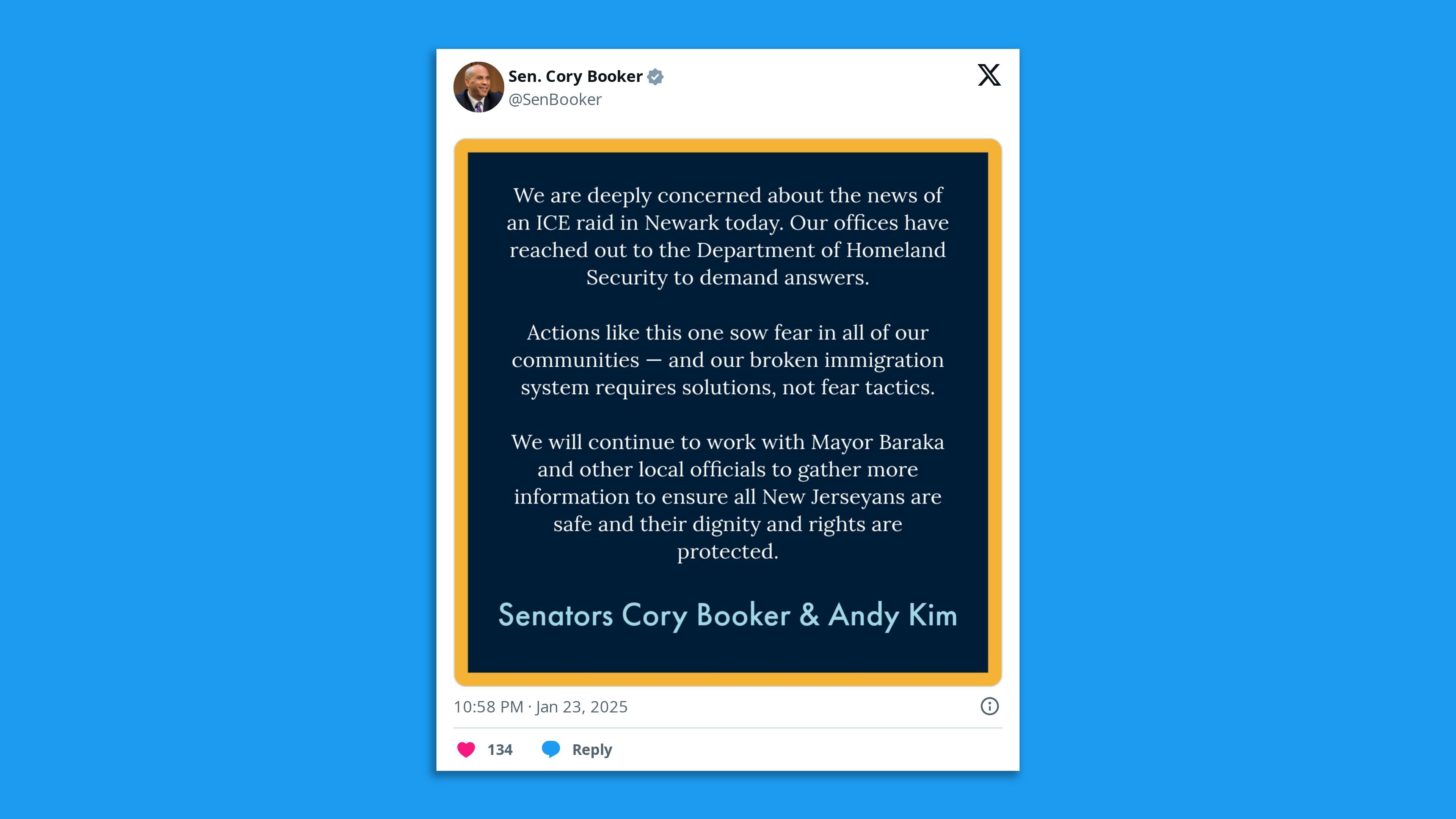 A screenshot of a tweet by Sen. Cory Booker saying in part that he has reached out to US DHS to demand answers following raid conducted by US ICE agents in Newark, NJ.
