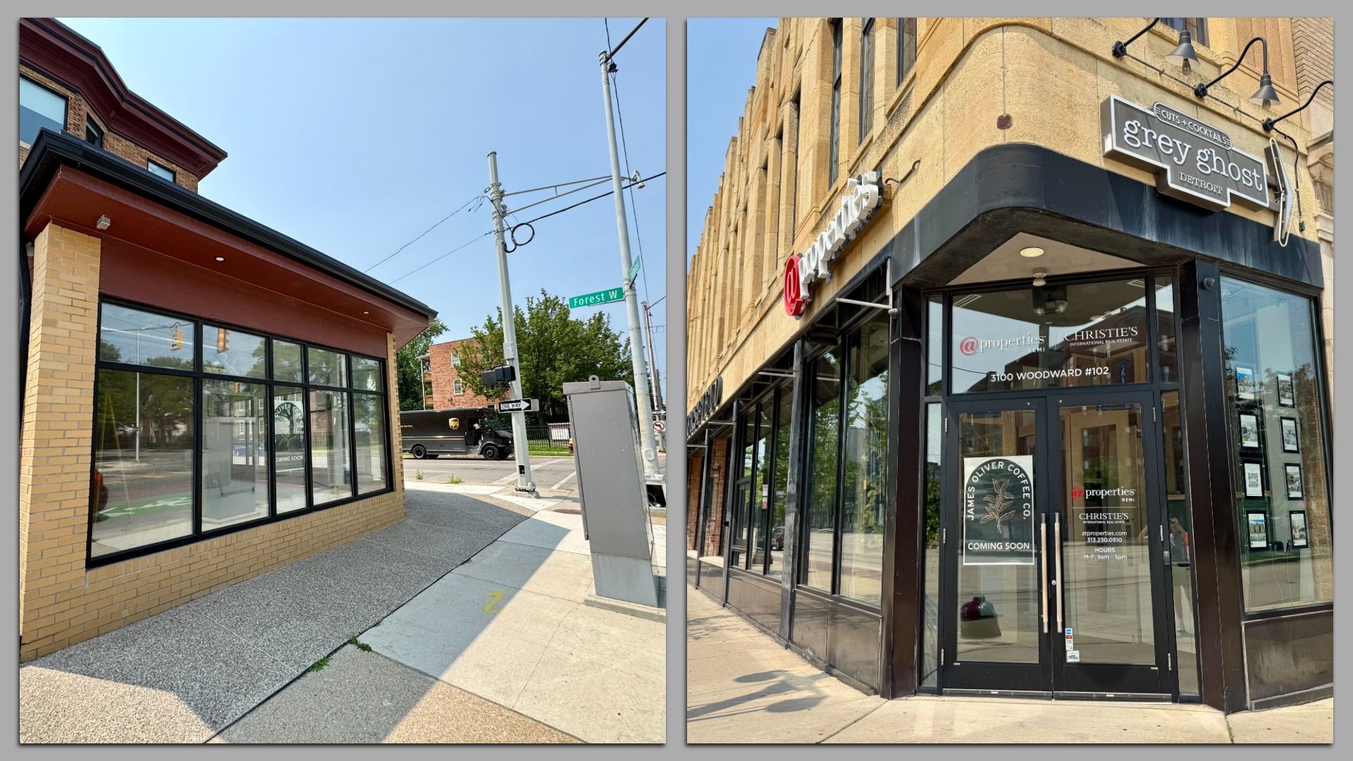 Two locations side by side. Both are small brick storefronts
