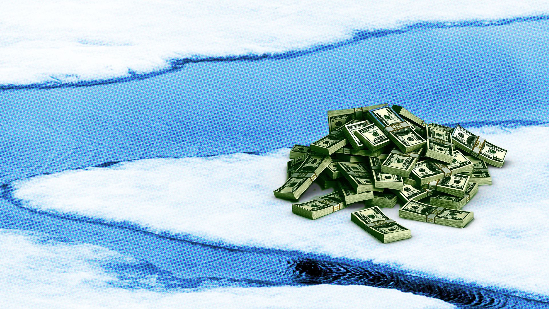 Illustration of pile of money in the Arctic.