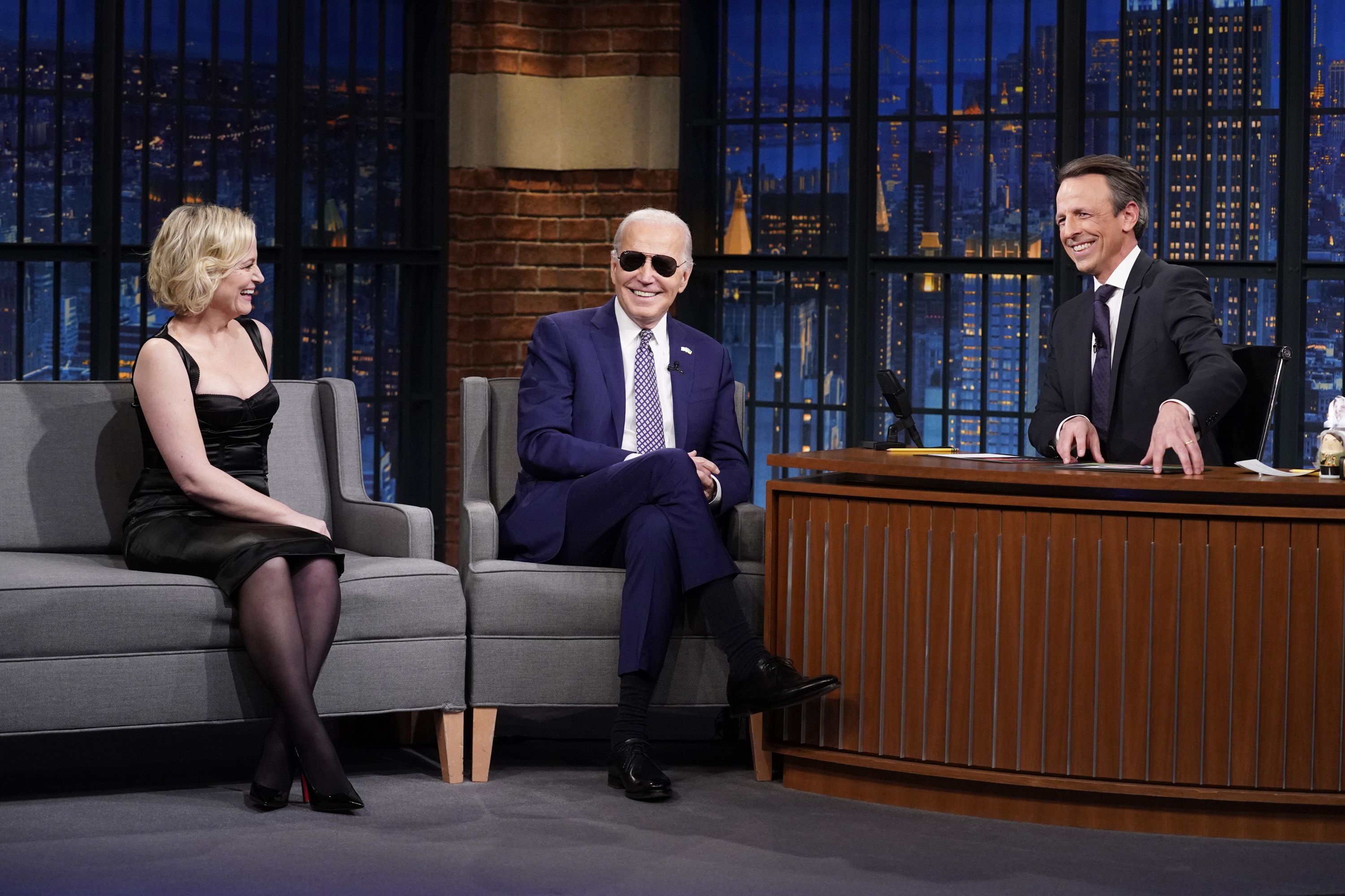 Actress Amy Poehler, President Joe Biden during an interview with host Seth Meyers on February 26, 2024 