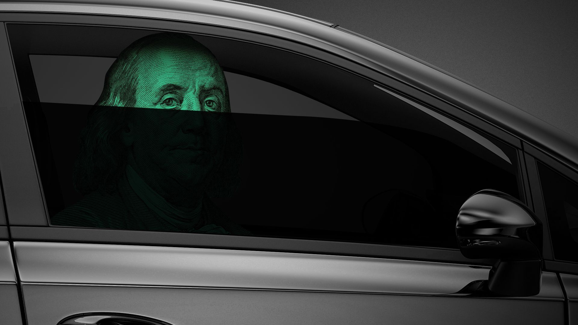 Illustration of Benjamin Franklin sitting in a car with dark tinted windows.
