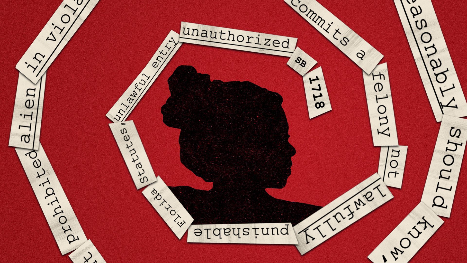 Illustration of a silhouetted woman surrounded by a spiral made from snippets of Florida immigration legislation.