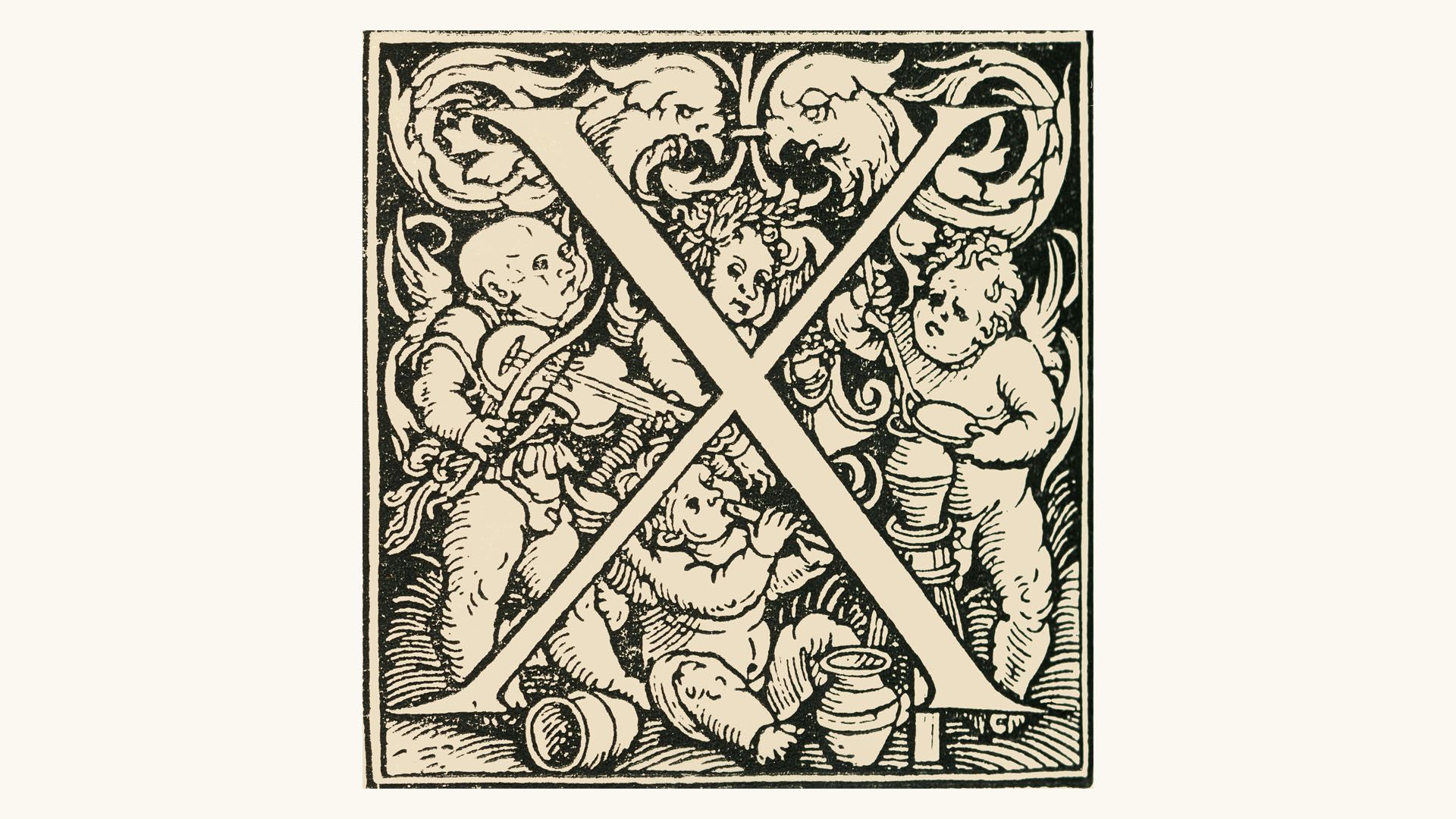 Illustration of a letter X surrounded by cherubs