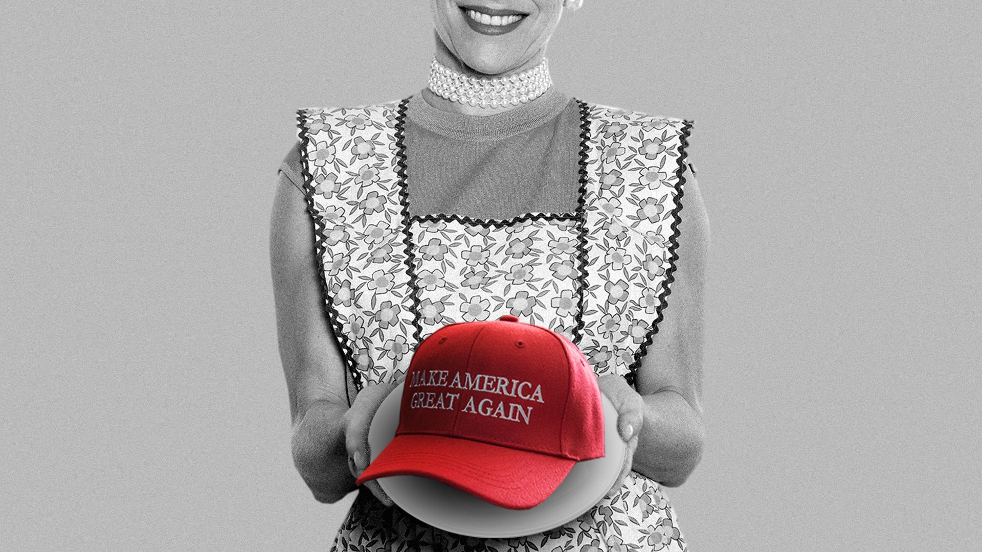 Photo illustration of a 1950's housewife serving a MAGA hat on a plate.