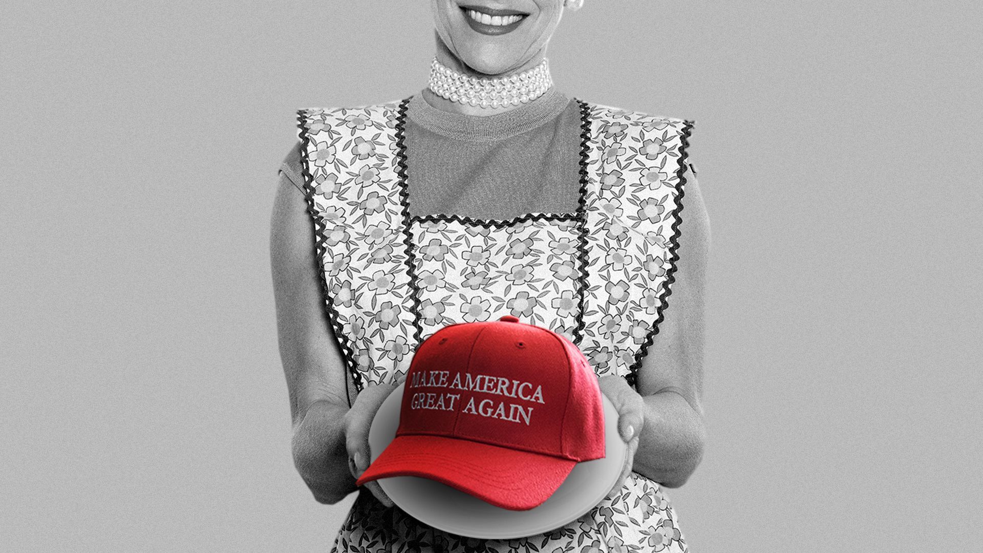 Photo illustration of a 1950's housewife serving a MAGA hat on a plate.