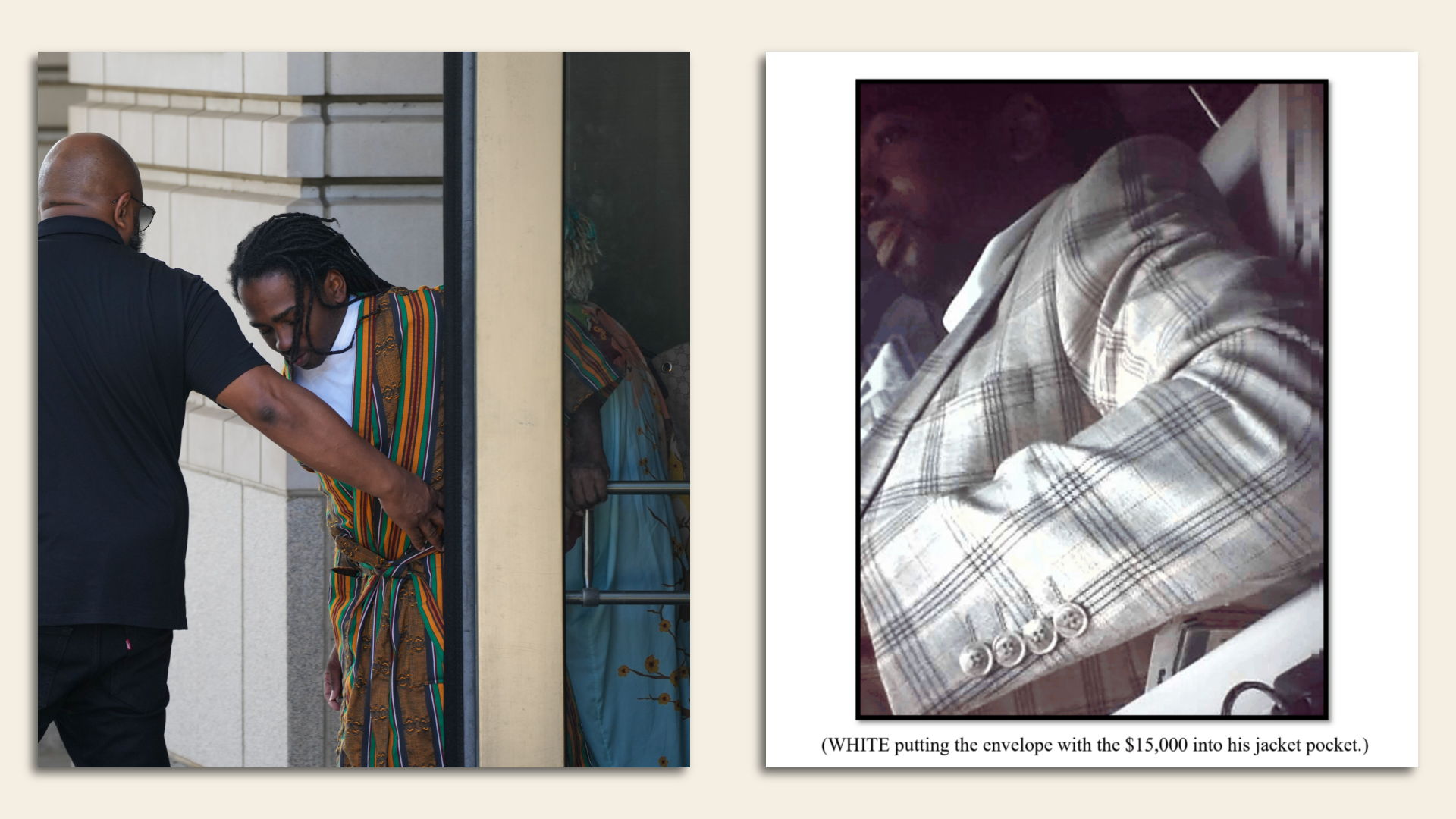 Trayon White in one image is exiting the courtroom, in another he is allegedly accepting a bribe captured in an FBI recording