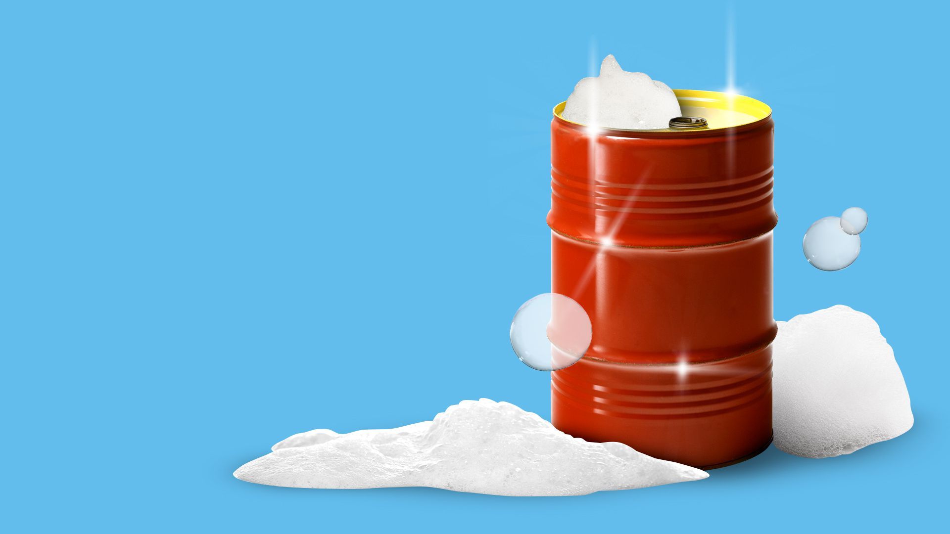 Illustration of soap suds on a sparkling clean oil barrel