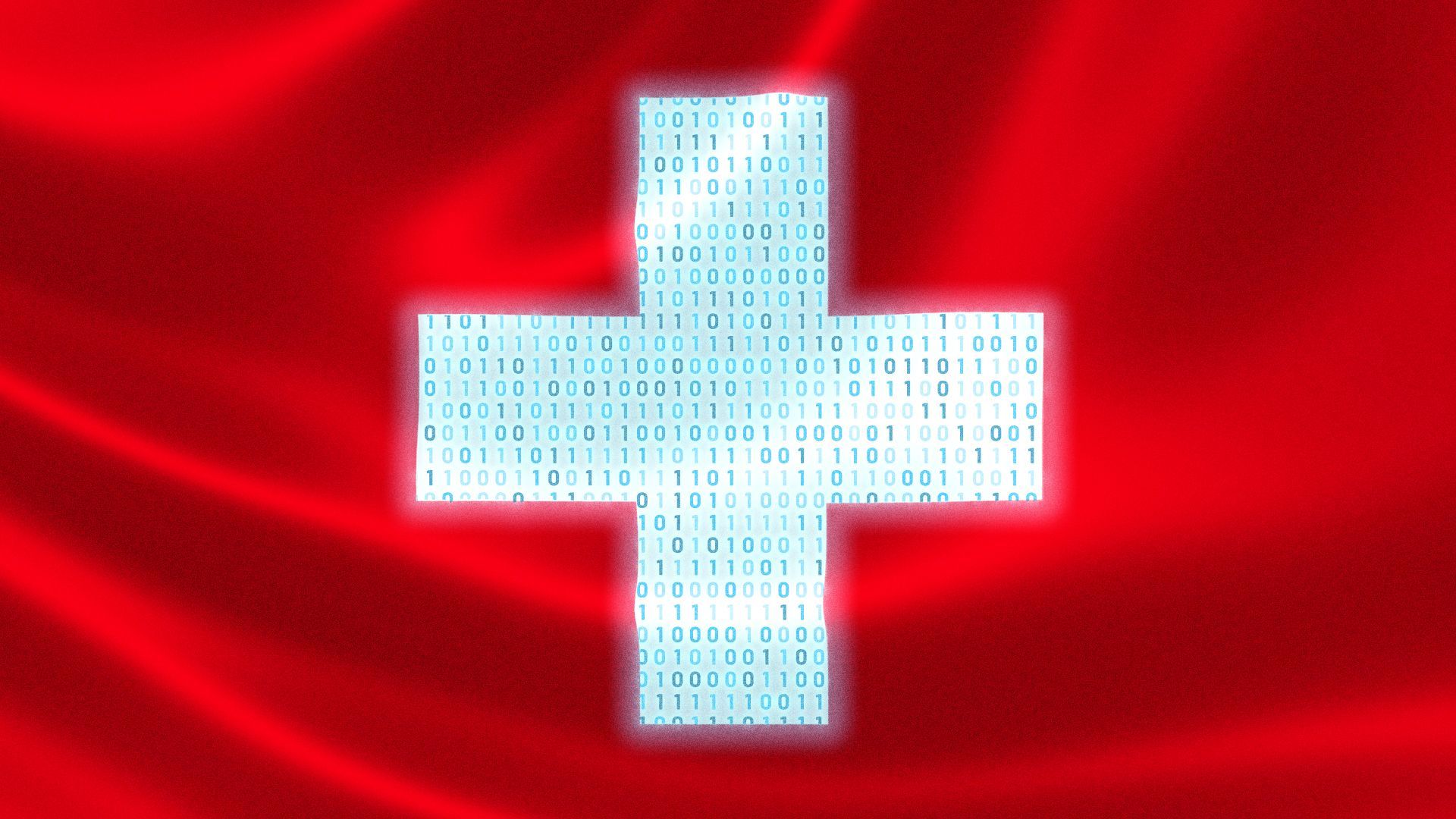 Illustration of the Swiss flag with binary code glowing in the shape of the white cross.