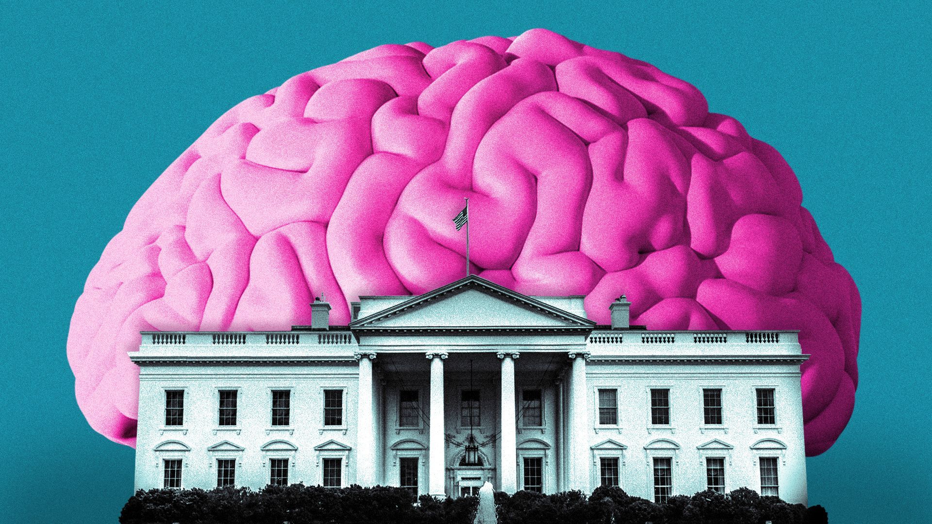 Illustration of the White House in front of a giant brain.