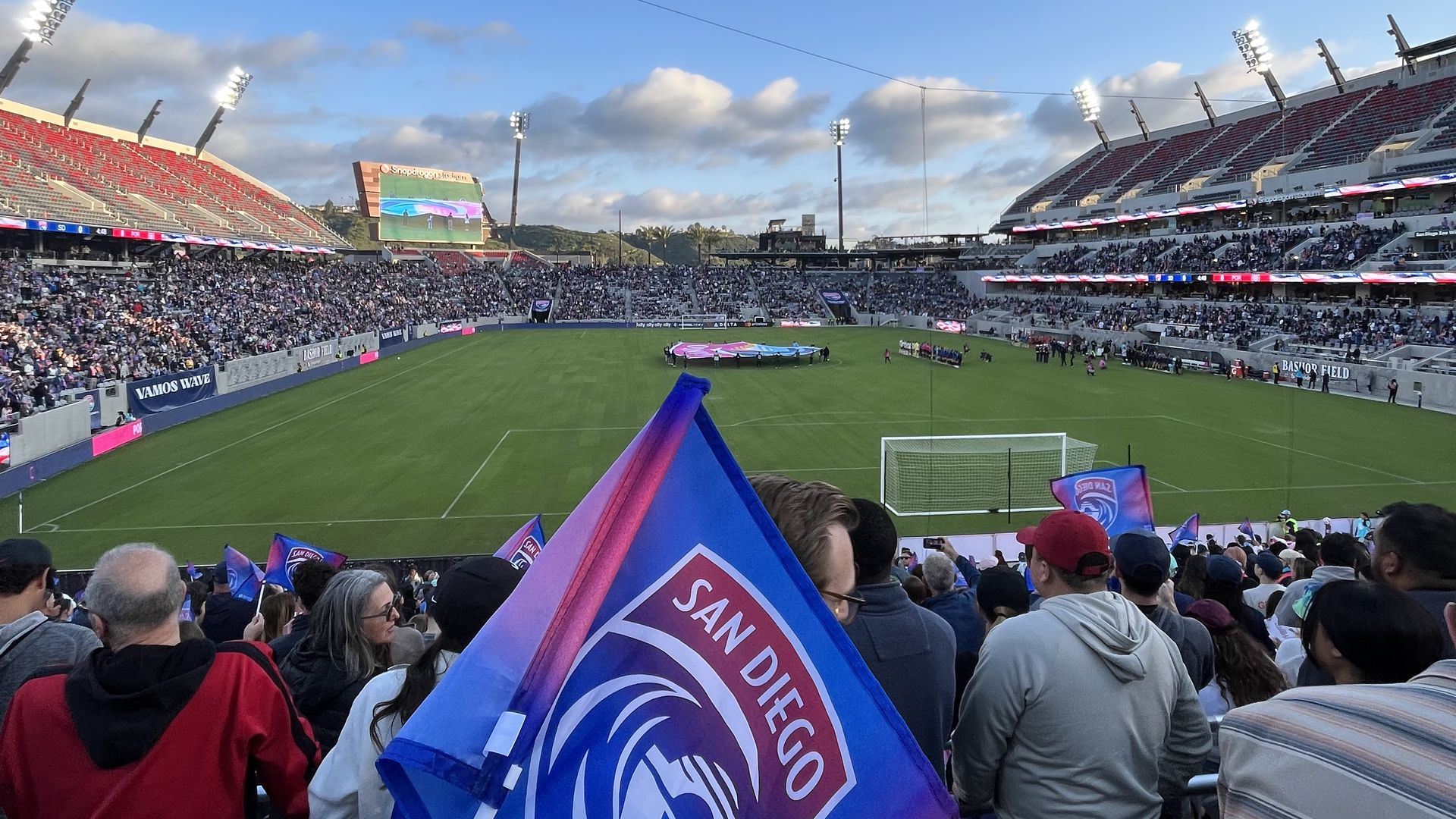A fan waves a blue and pink flag with a San Diego wave logo as others fill the seats in a large stadium for a professional women's soccer game. 