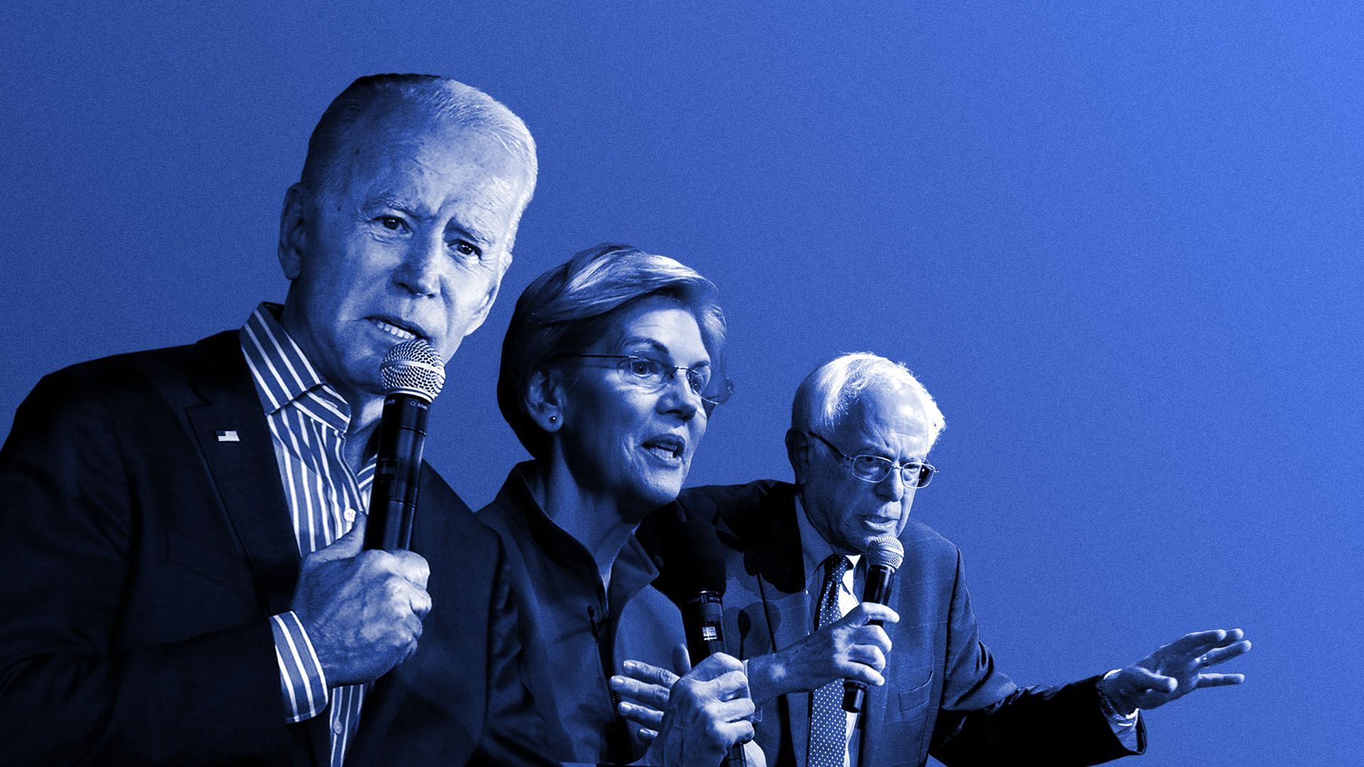 Illustration of Vice President Biden, and senators Warren and Sanders positioned as if prepping for a race