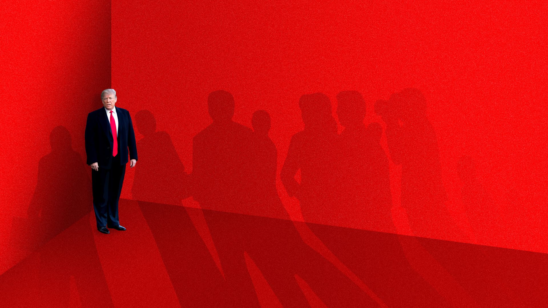 Illustration of President Trump in a corner with tall shadows of other people looming before him