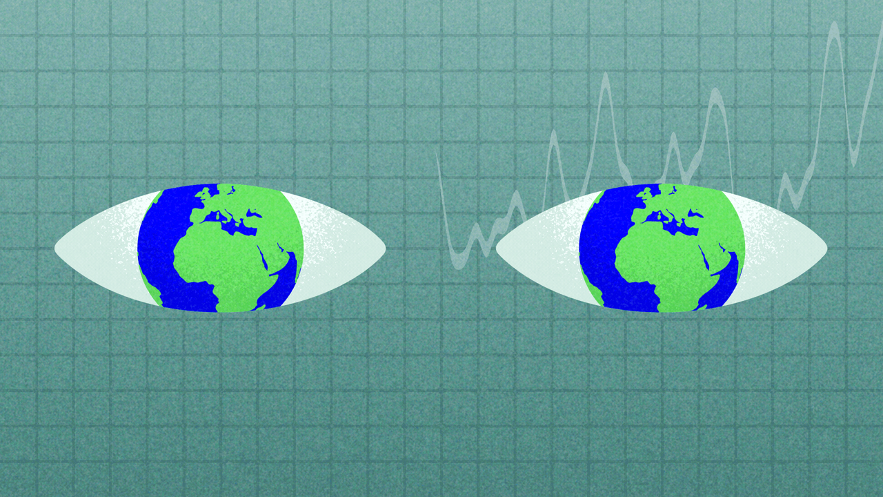 Animated illustration of a pair of eyes with spinning globes for pupils, in front of a chart grid with an upward trend line writing on and off the screen.