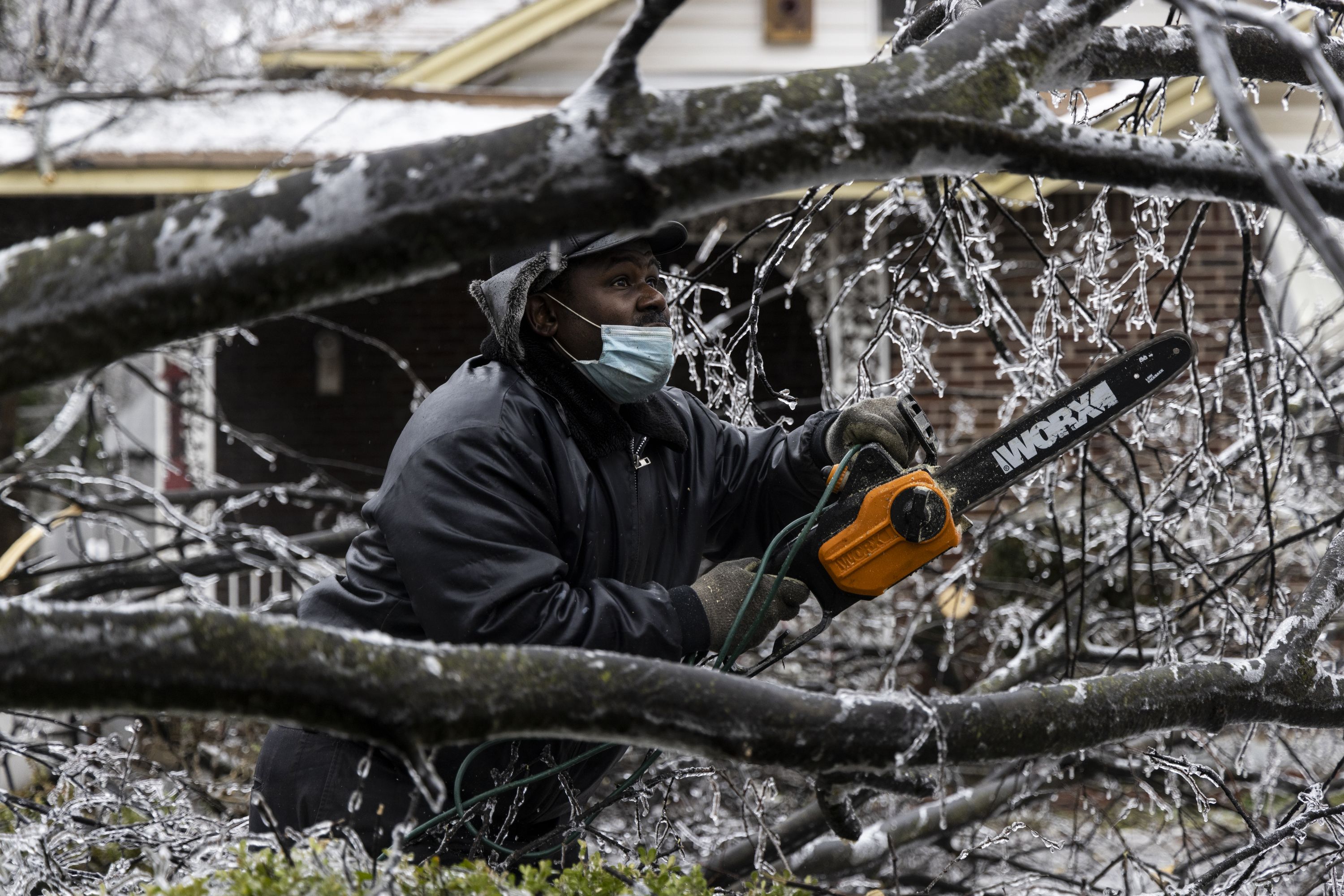 A person clearing a downed tree in Memphis, Tennessee, on Feb. 3.