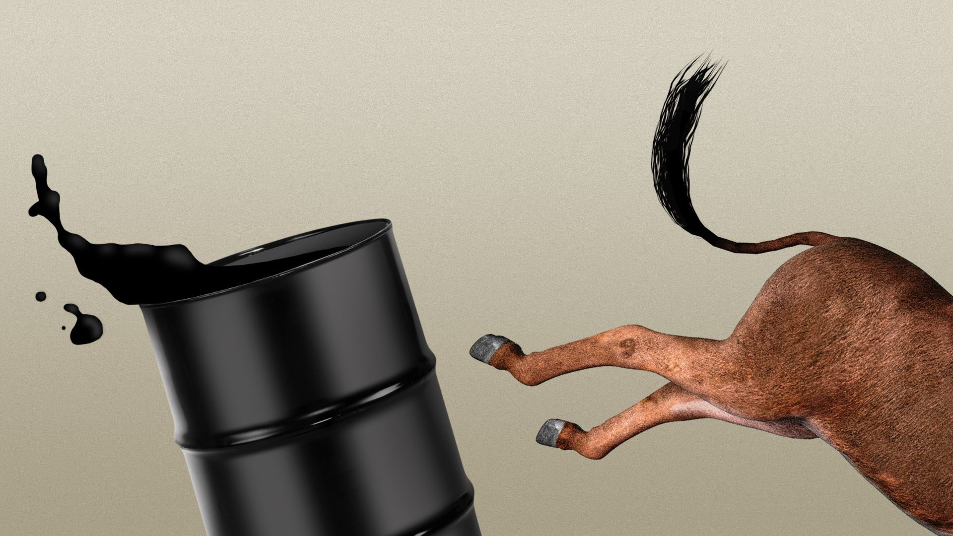 Illustration of donkey legs kicking over an oil barrel. 
