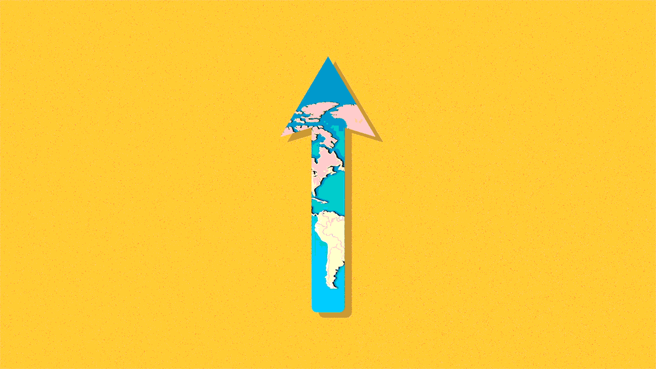 Animated GIF of spinning arrow with world map pattern.
