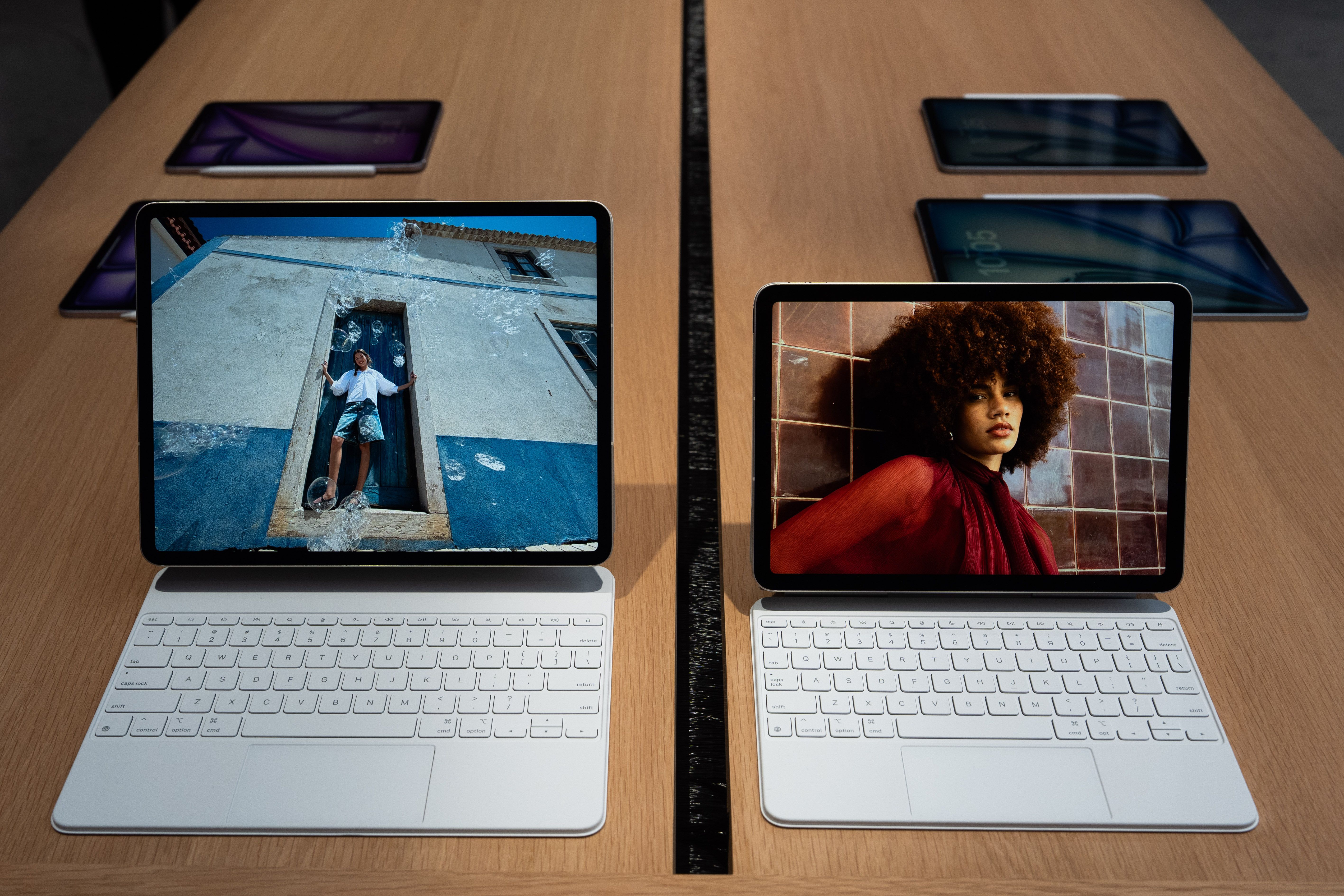 Apple’s 13-inch and 11-inch M4 iPad Air tablets on display at an Apple event in New York on March 4, 2026.