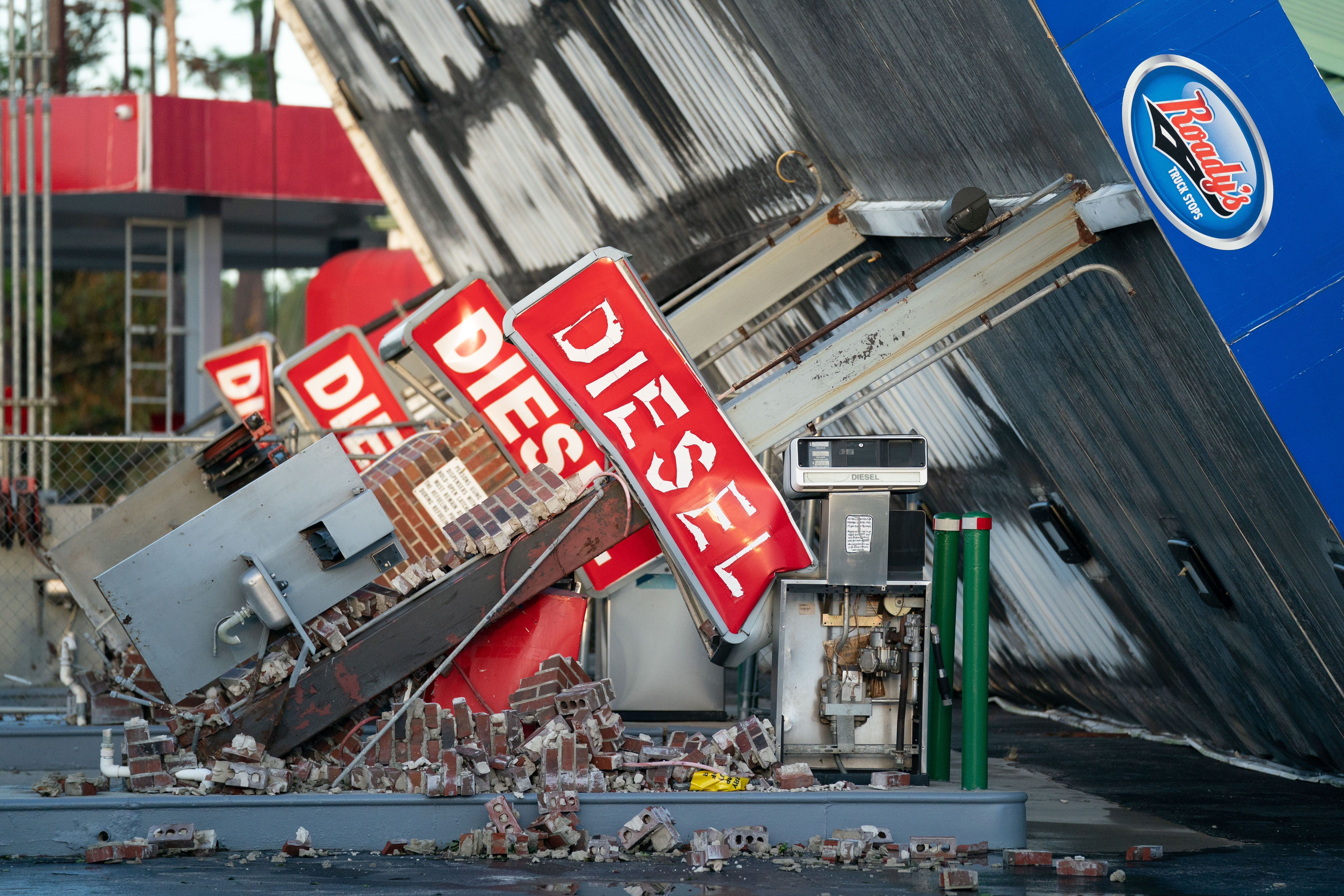A storm-damaged gas station is seen after Hurricane Idalia crossed the state on August 30, 2023 in Perry, Florida. The storm made landfall at Keaton Beach, Florida as a category 3 hurricane