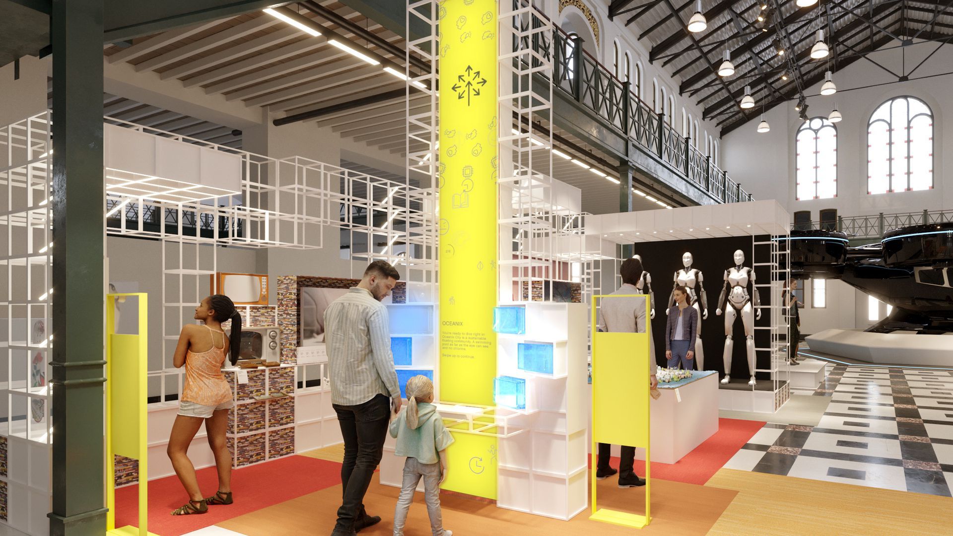 A rendering of an exhibit hall in the forthcoming "FUTURES: Beacons" at the Smithsonian Art + Industries Building in Washington, D.C.