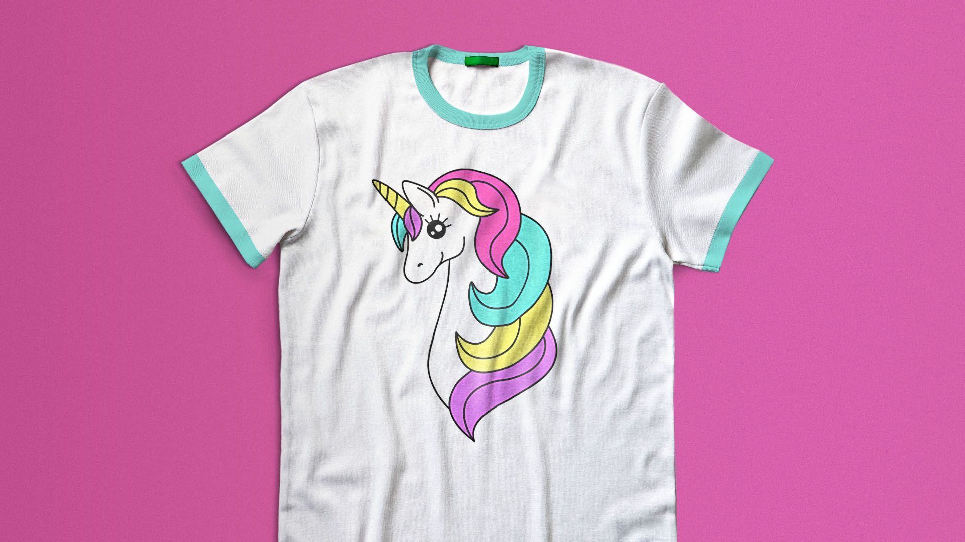 an illustration of a ringer t-shirt with a cartoon unicorn printed on the front of it