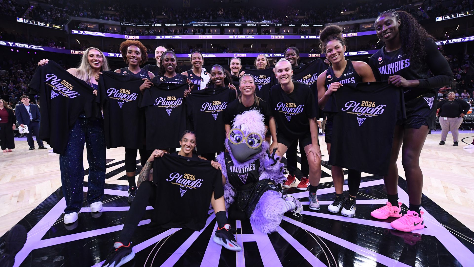 The Golden State Valkyries celebrate after the game against the Dallas Wings on August 17, 2026 at Chase Center in San Francisco, California. NOTE TO USER: User expressly acknowledges and agrees that, by downloading and or using this photograph, user is consenting to the terms and conditions of Gett