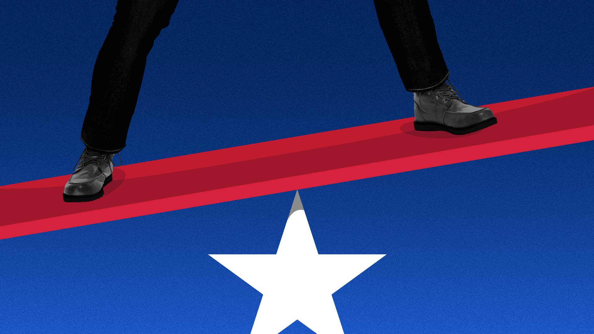 Animated illustration of a person balancing on a red bar that is precariously placed on a white star, all on a blue background.