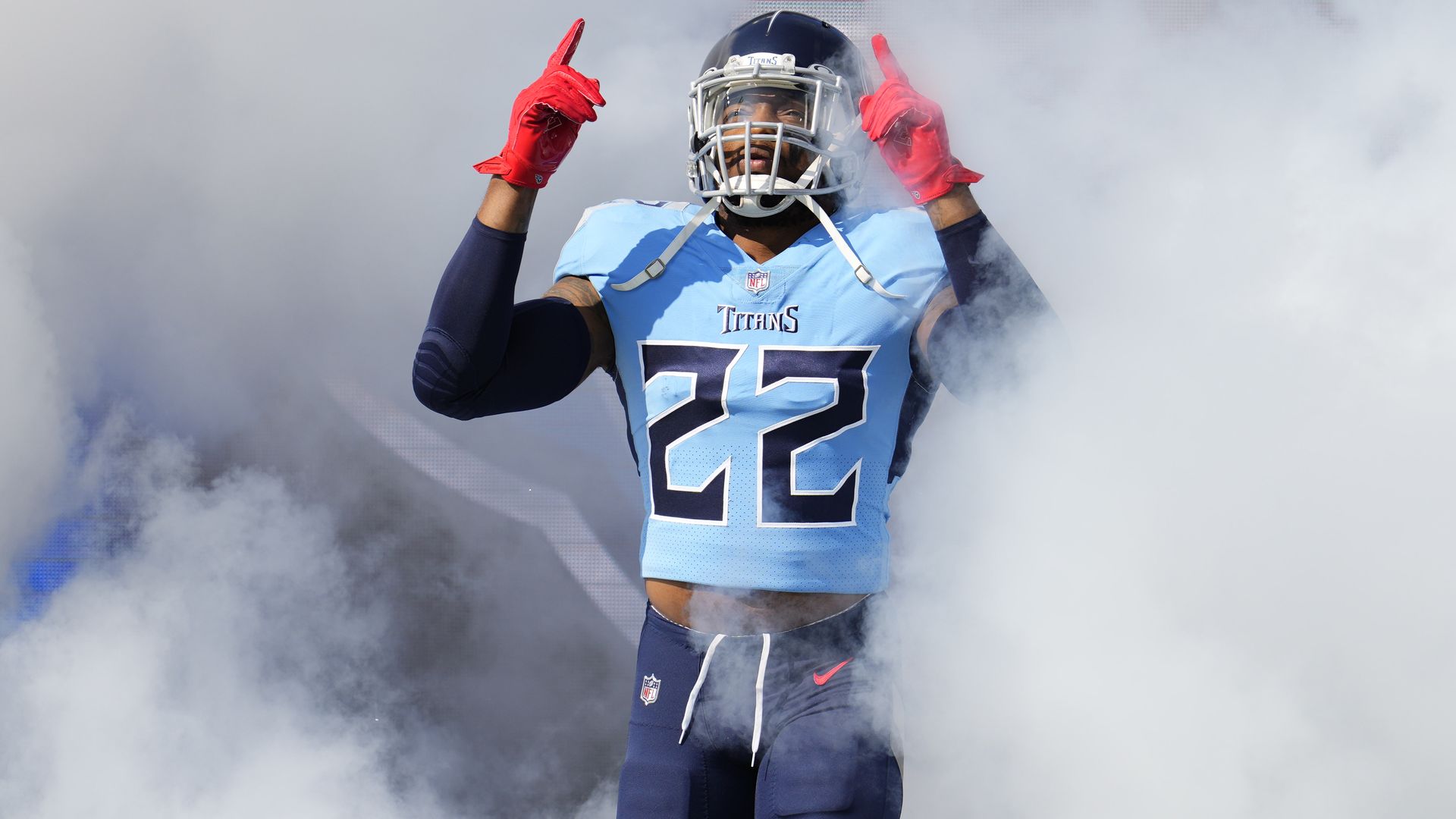 Derrick Henry #22 of the Tennessee Titans runs onto the field prior to an NFL game against the Kansas City Chiefs at Nissan Stadium on October 24, 2021 in Nashville, Tennessee. 