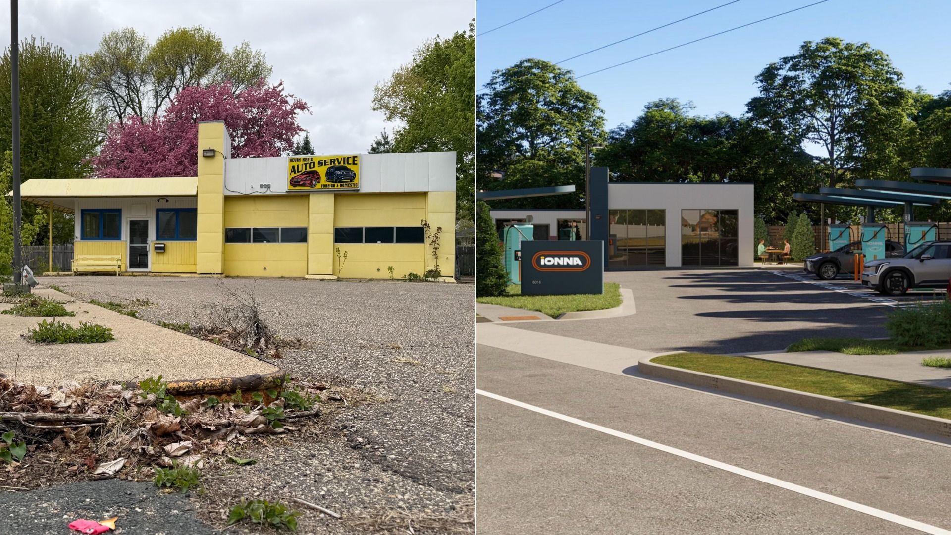 Two-panel image: left shows a yellow retro auto service building with pink blossoms and weeds in a cracked lot; right shows a modern gray car service center with glass facade and parked cars.